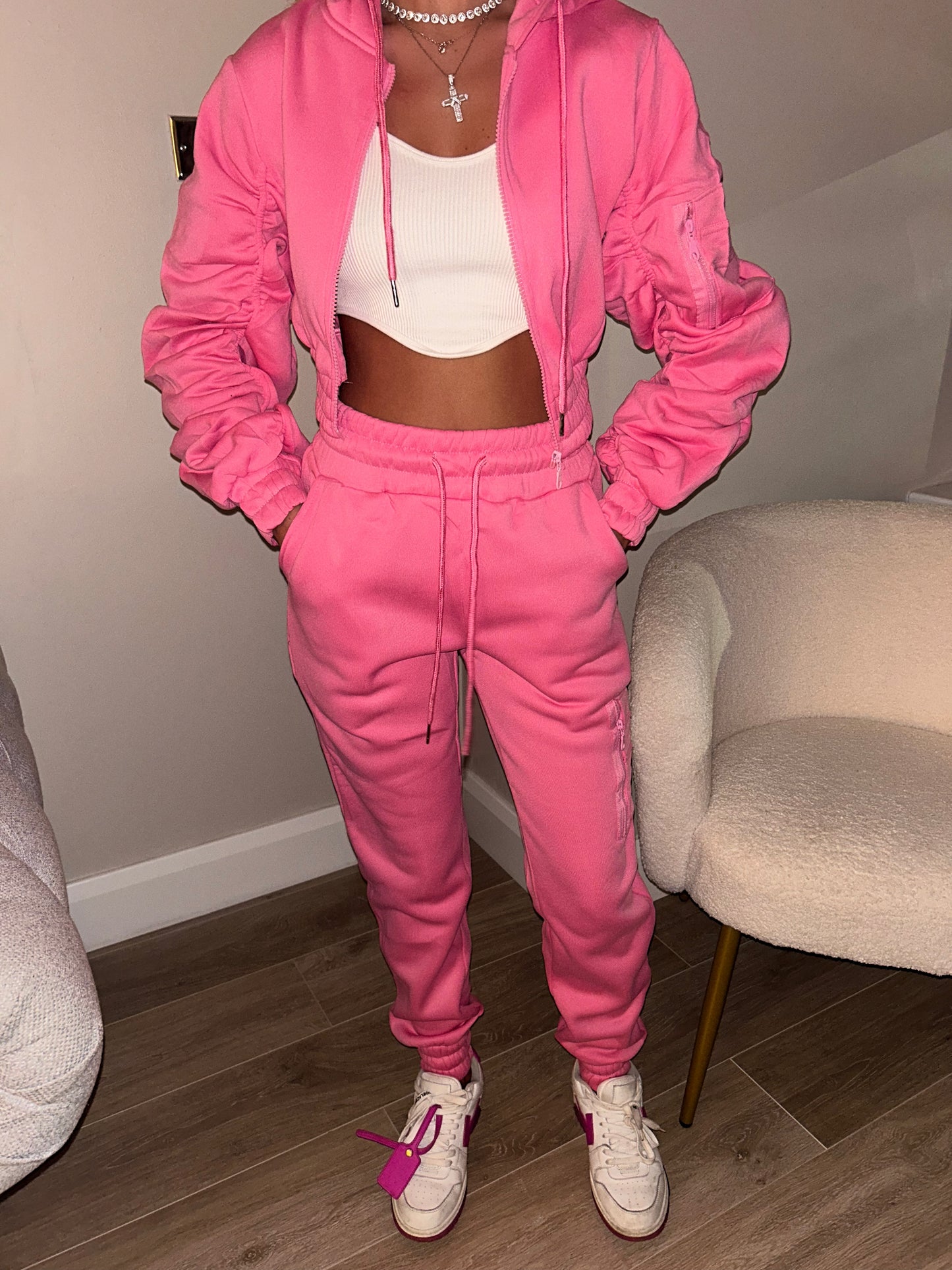 Pink ruched sleeve tracksuit