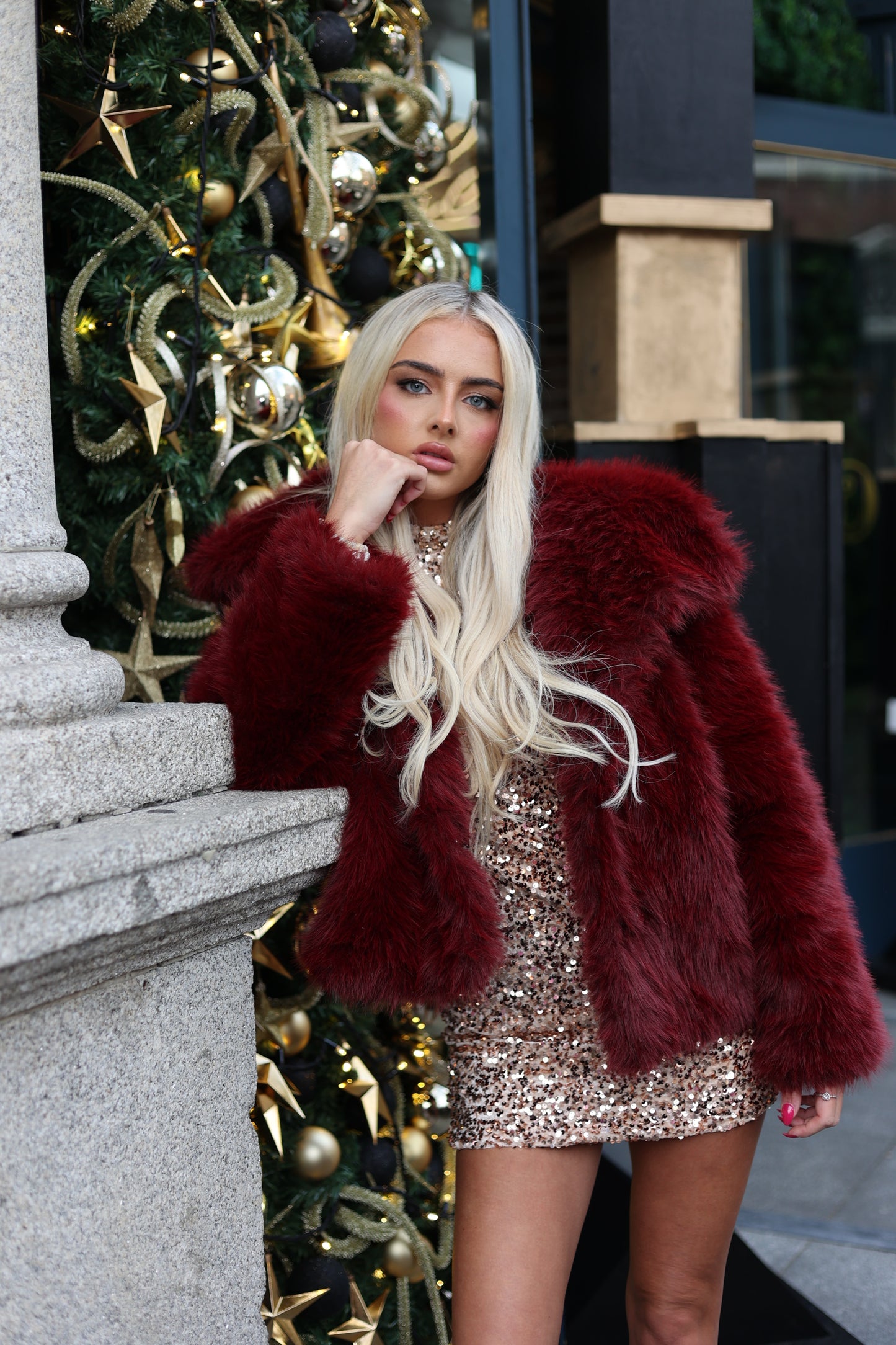 Luxury Wine faux fur lapel jacket