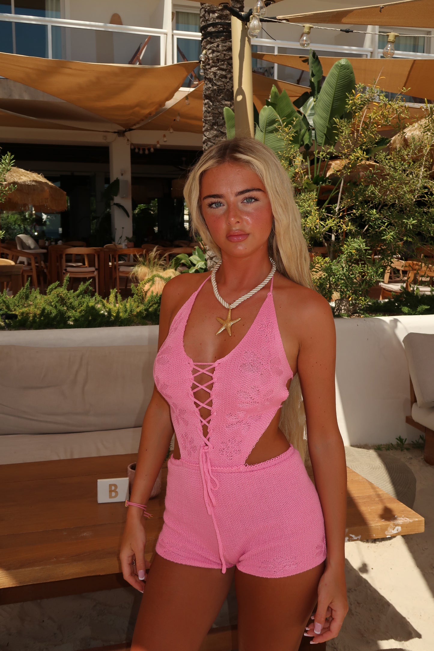 Tia pink crochet playsuit