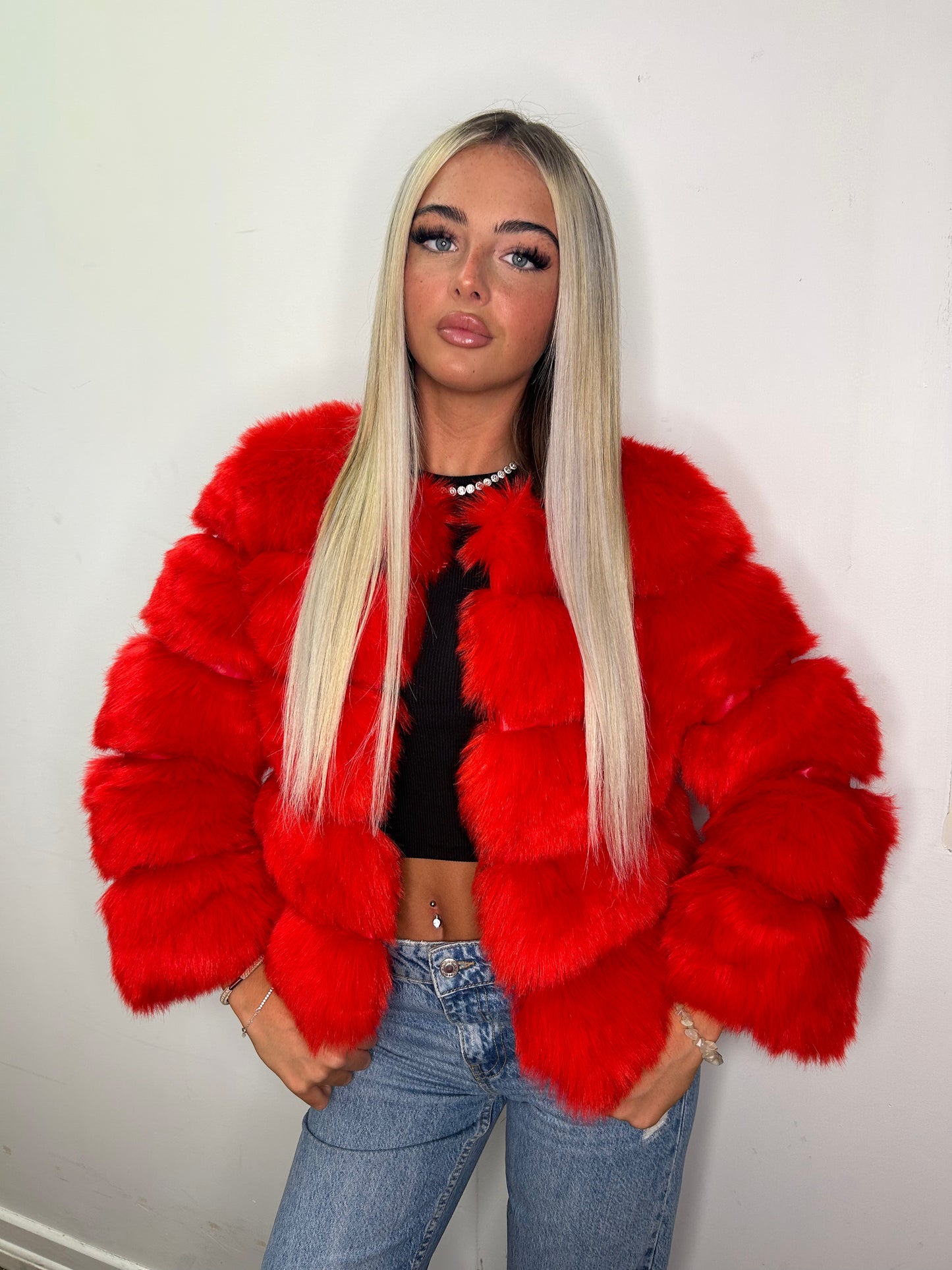 Red 3/4 sleeve Faux fur jacket