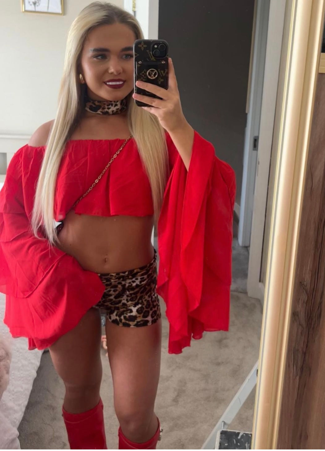 Red chiffon layered Bardot top