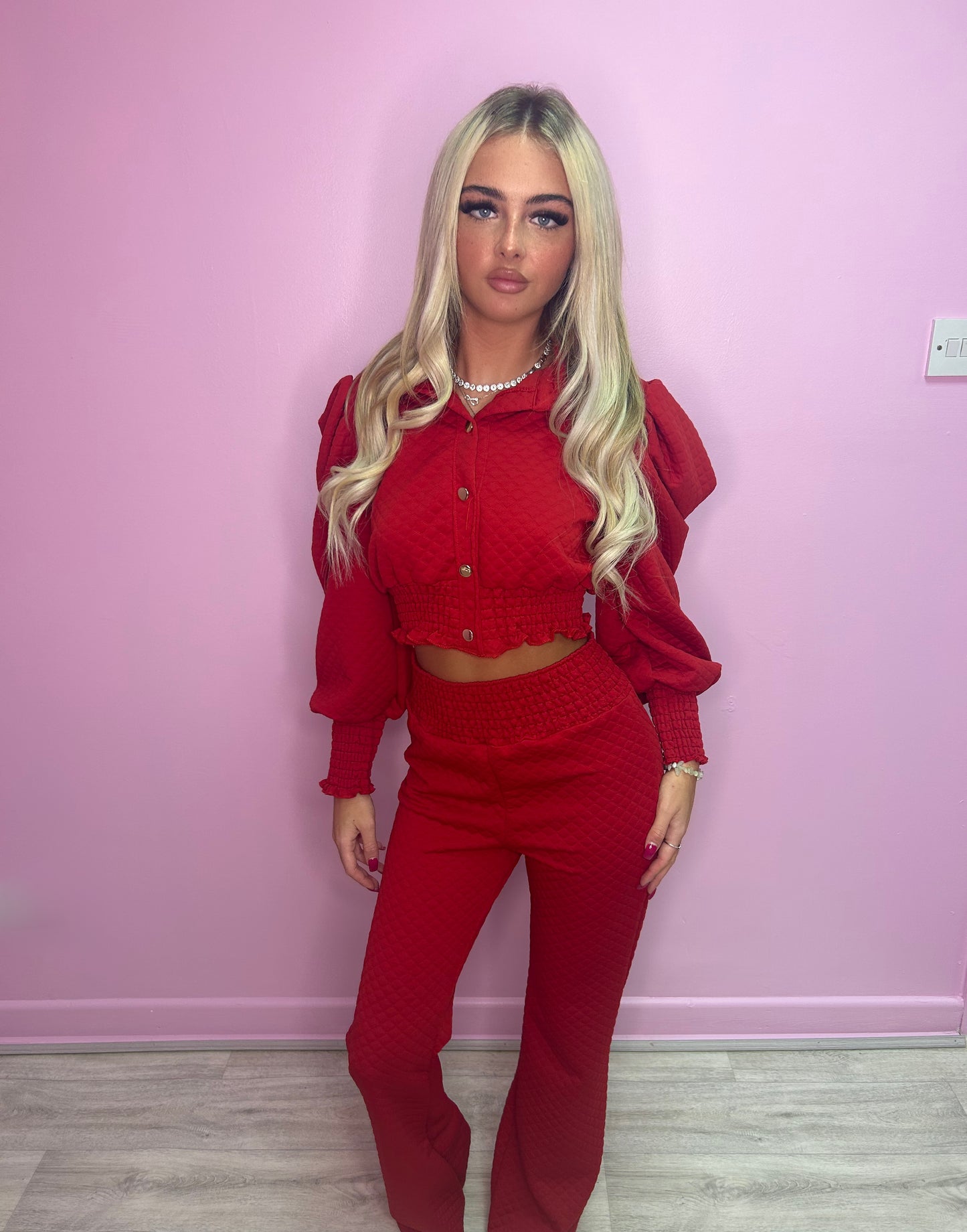 Red puff sleeve top and trousers set
