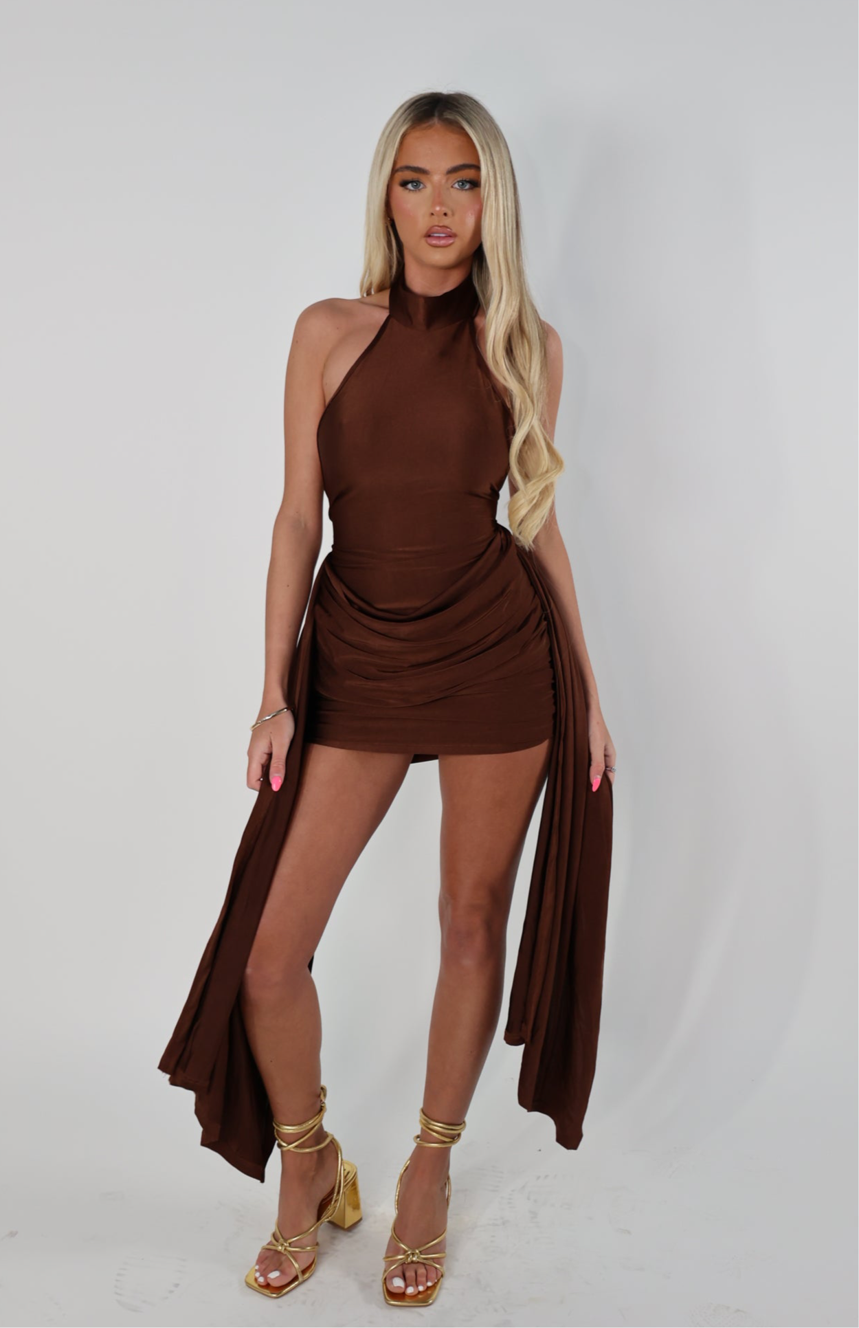 Brown slinky draped dress