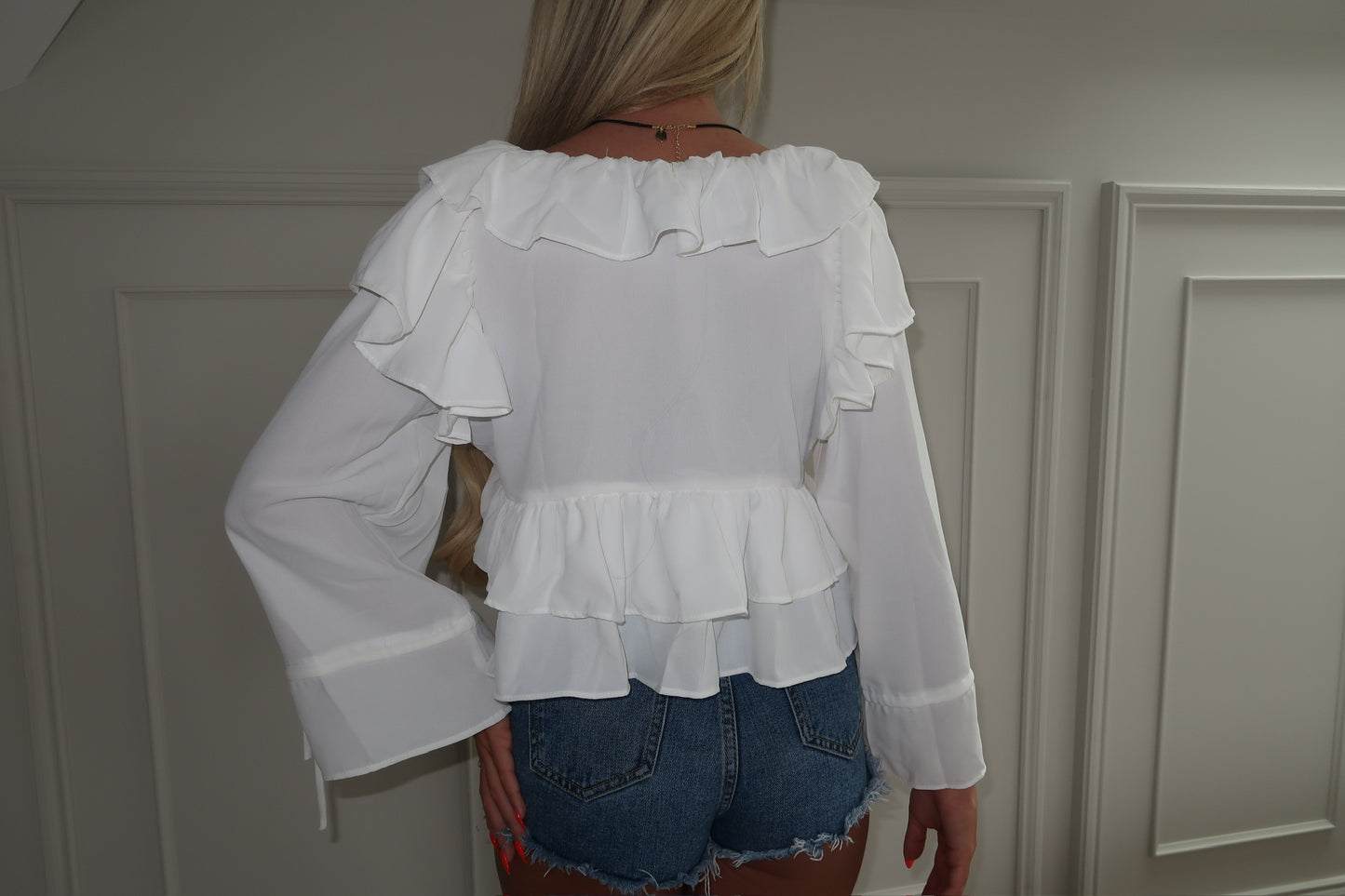 White Cropped Ruffle Blouse