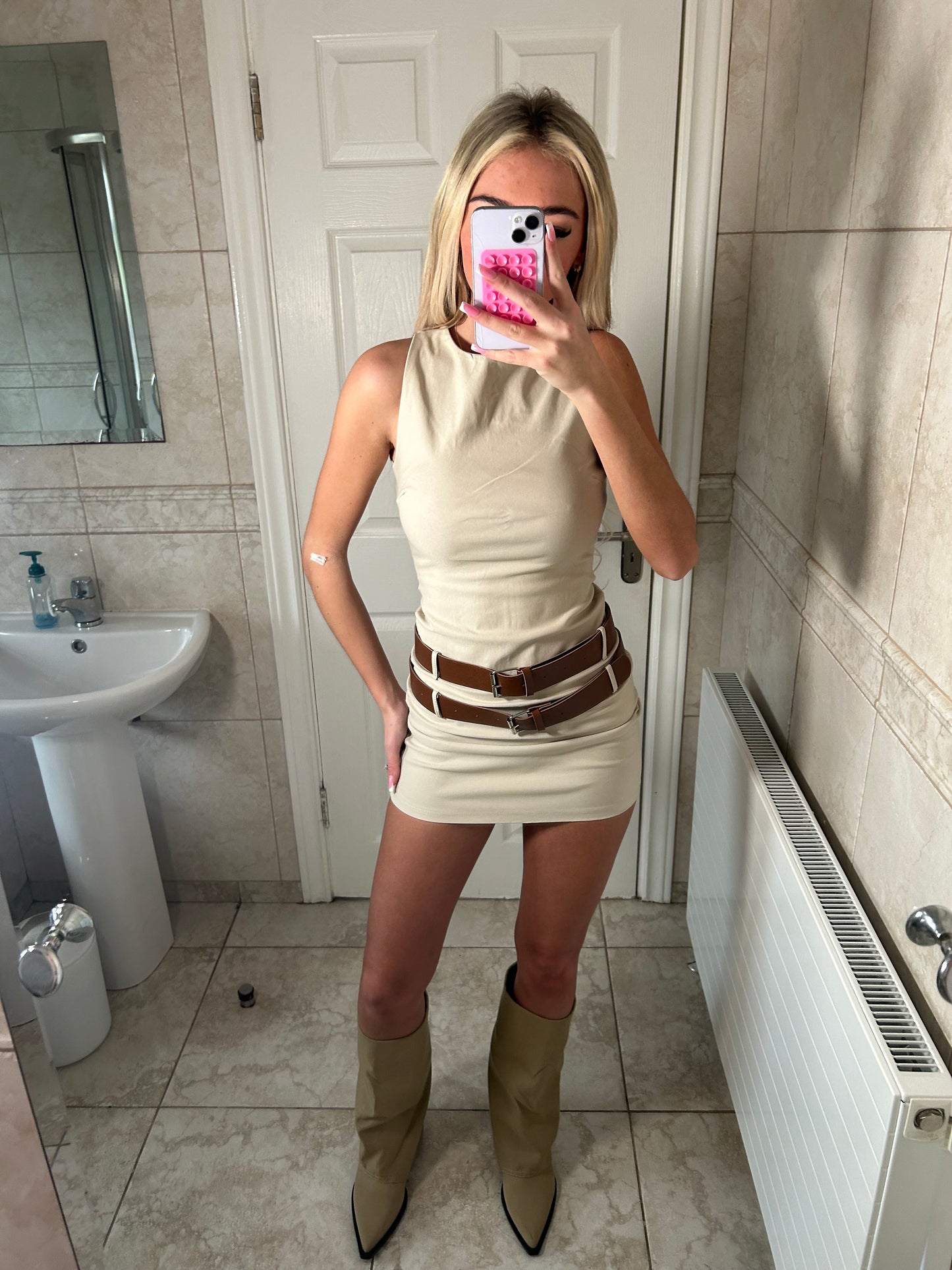 Beige Double Belted Round Neck Mini Dress