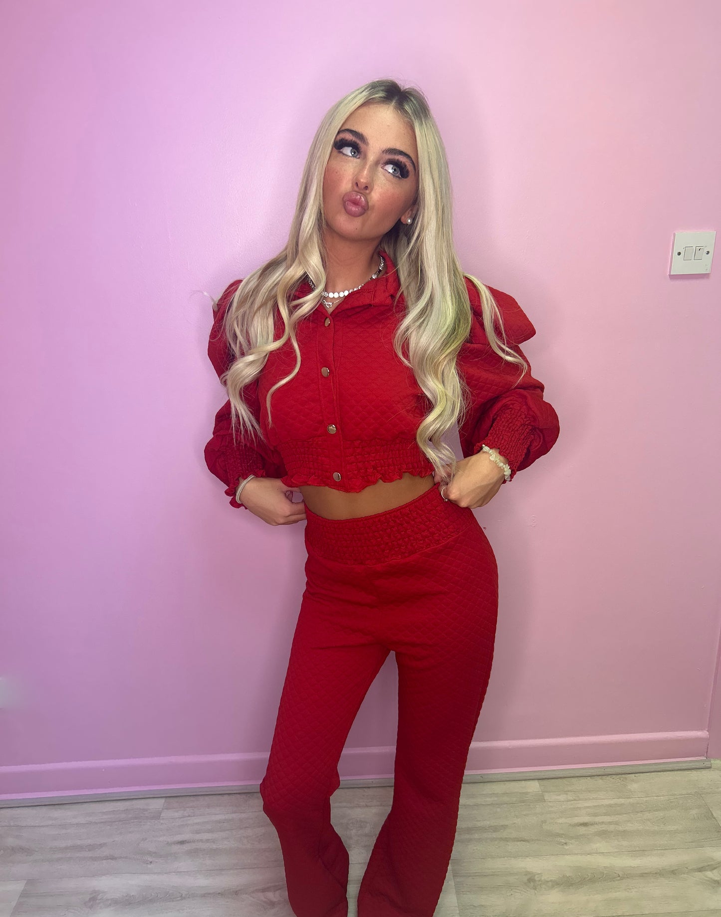 Red puff sleeve top and trousers set