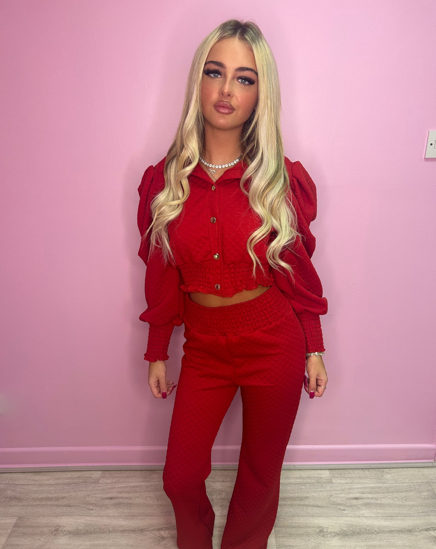 Red puff sleeve top and trousers set