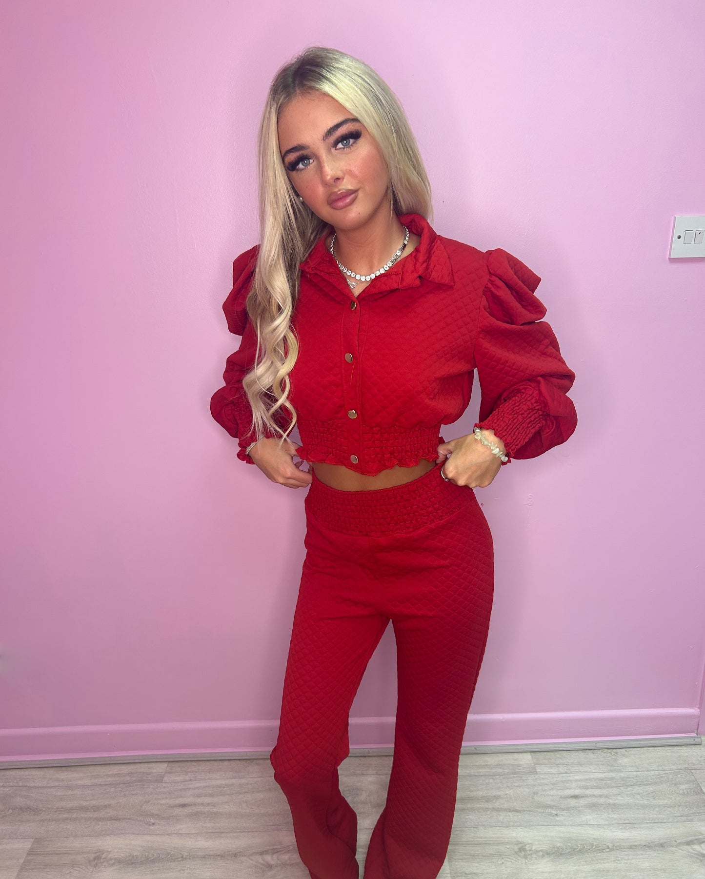 Red puff sleeve top and trousers set