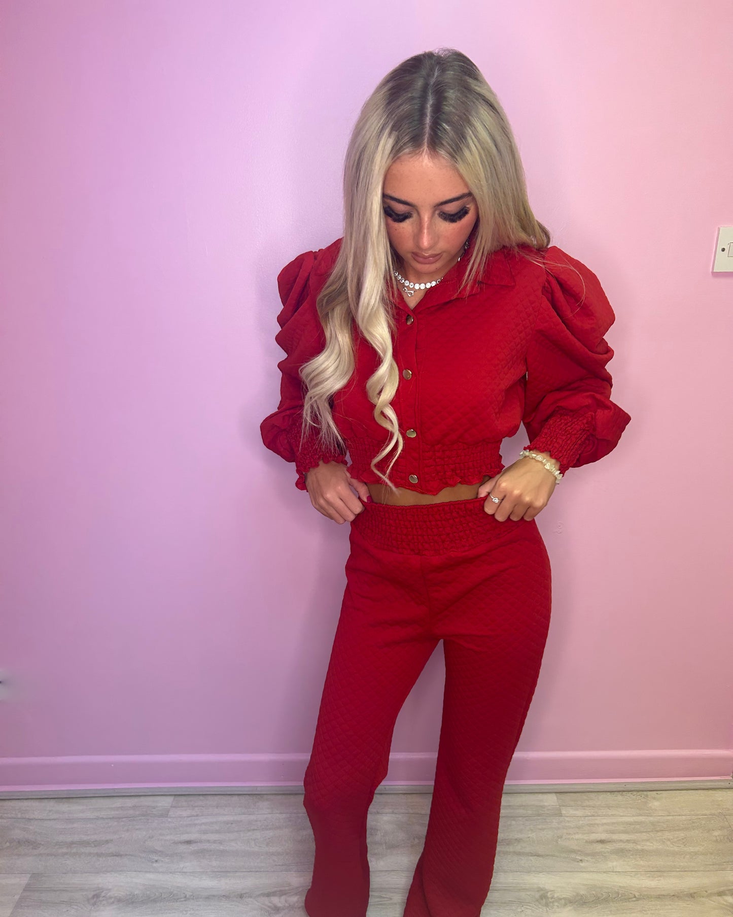 Red puff sleeve top and trousers set