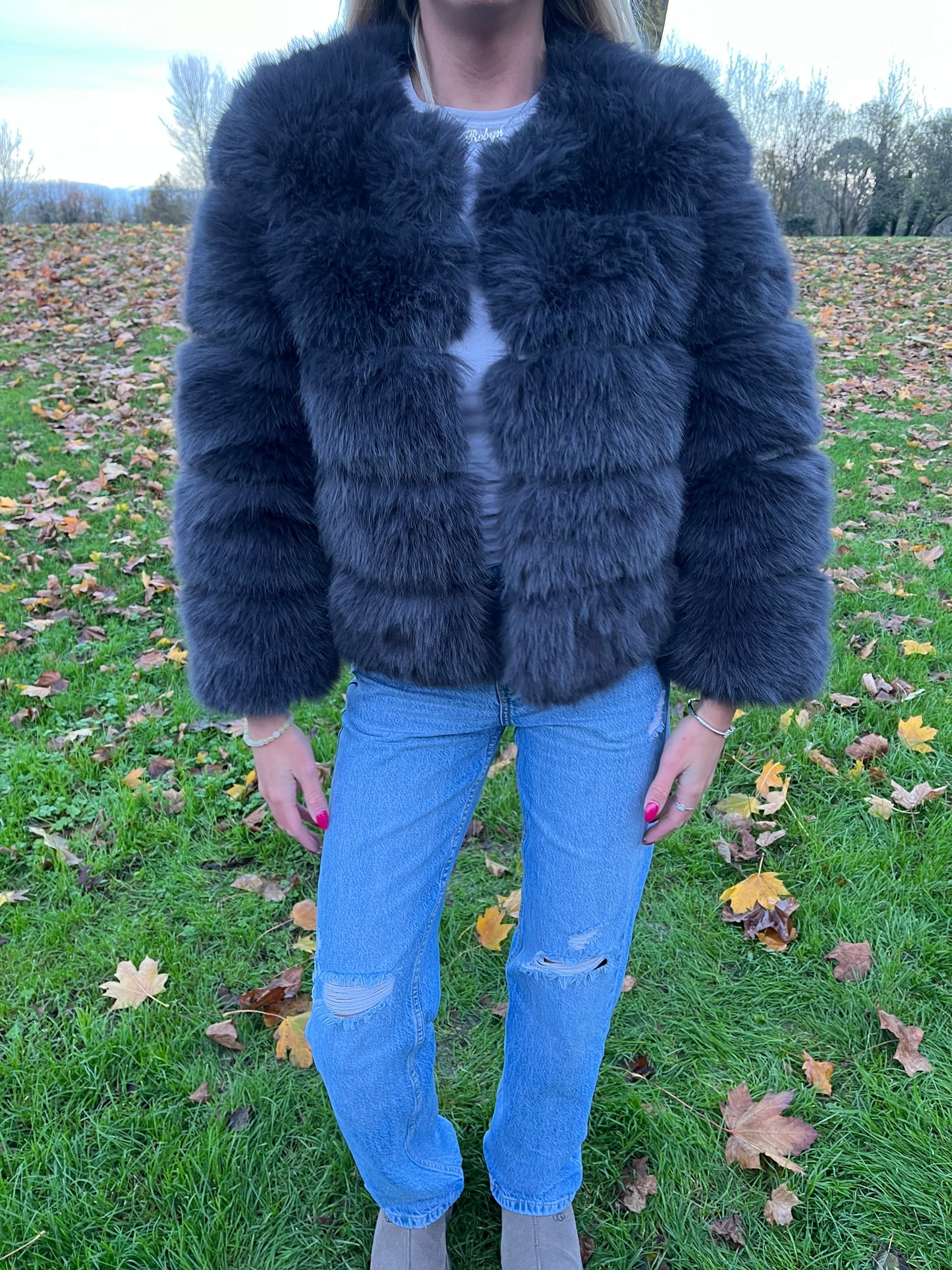 Luxury Dark charcoal grey NEW luxury faux fur coat 3/4 sleeve