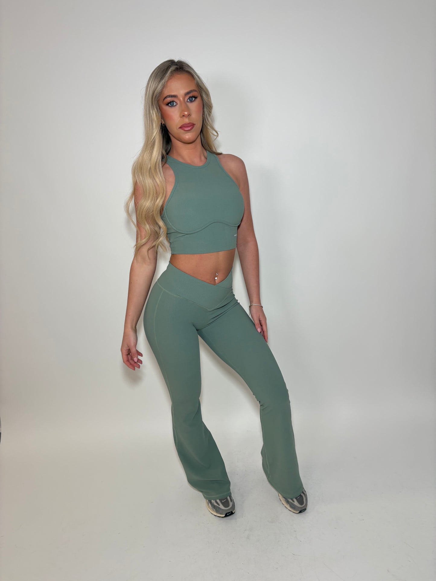 GYM GIRL ERA EXCLUSIVE Sage green sculpt V waist flared bottoms
