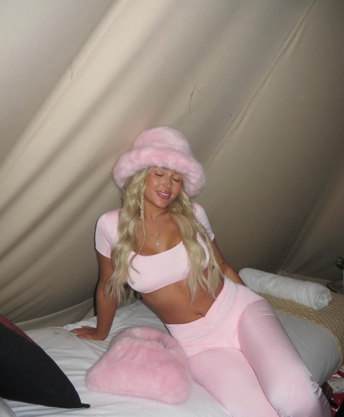 LIMITED EDITION HAND MADE AND DESIGNED IN HOUSE: ‘Charleen’ pink crop top and ruched flared bottoms