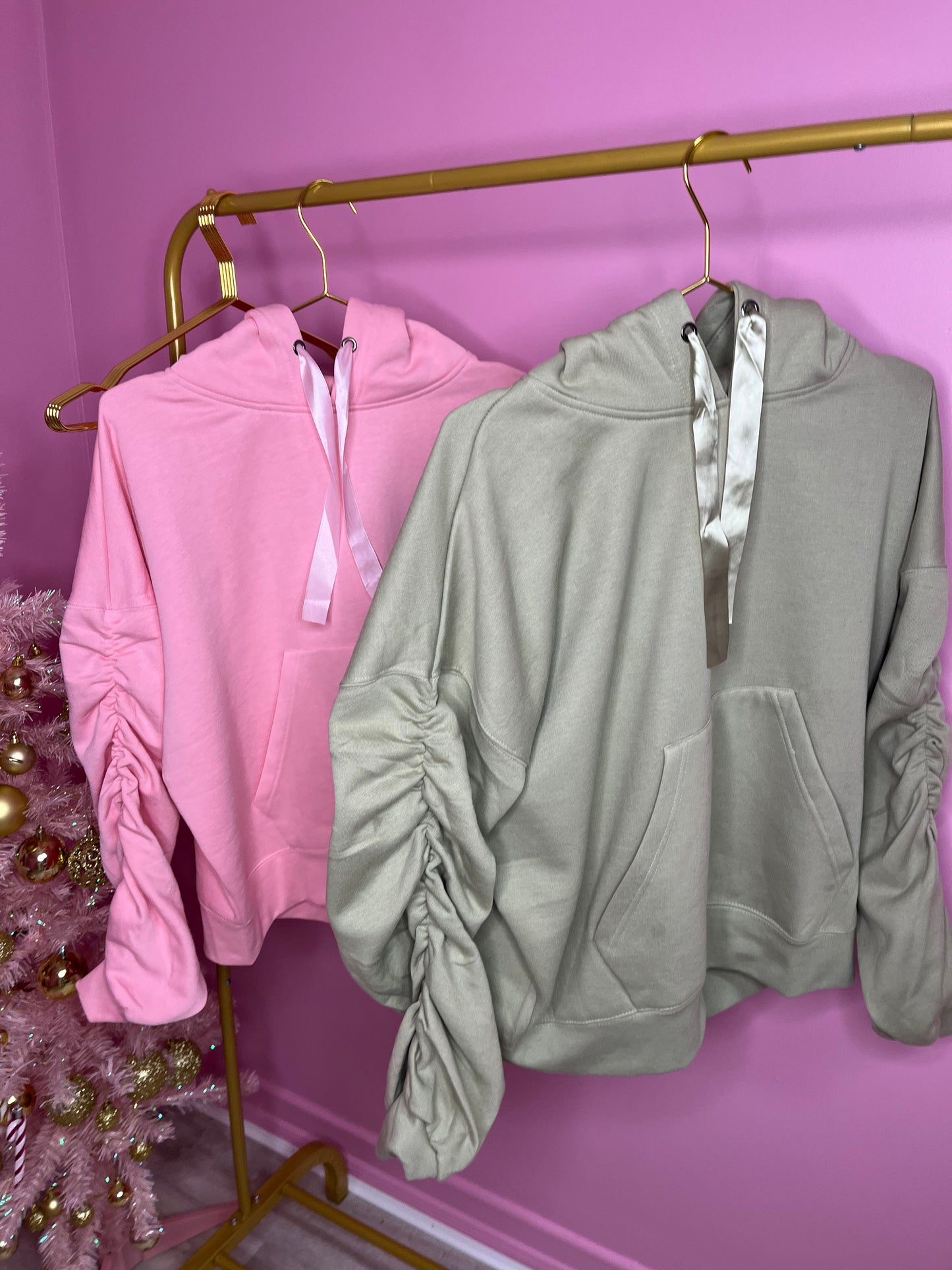 Pink ruched sleeve ribbon hoodie