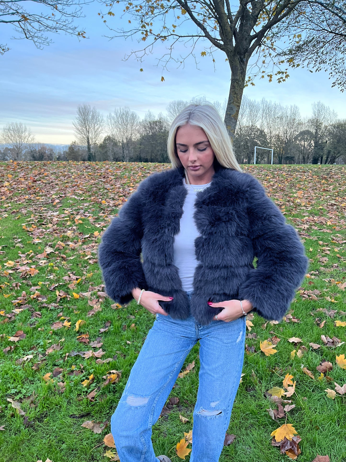 Luxury Dark charcoal grey NEW luxury faux fur coat 3/4 sleeve