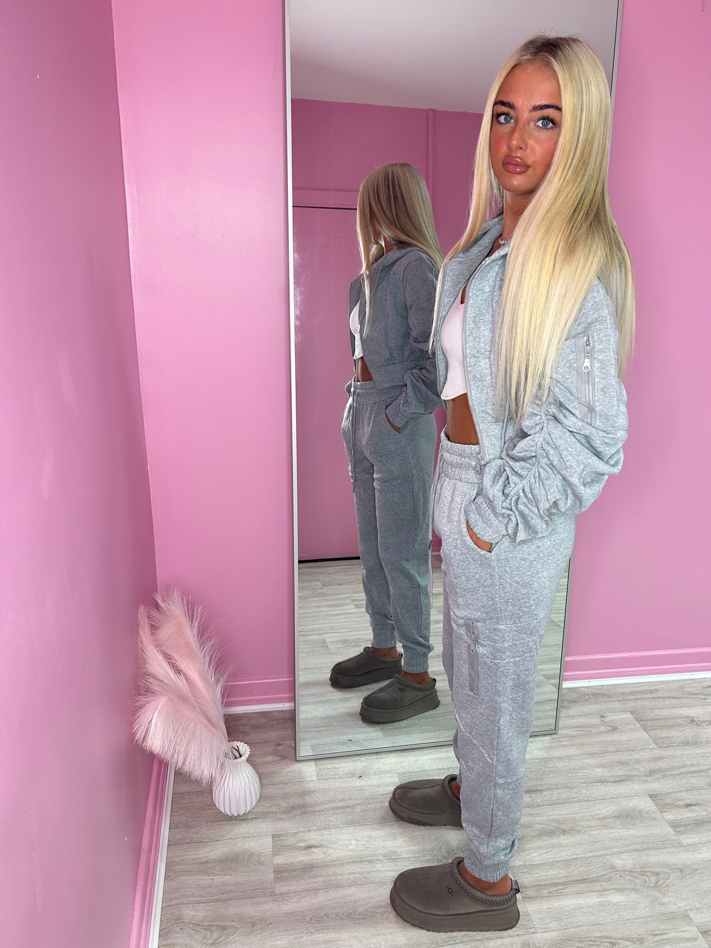 Grey ruched sleeve tracksuit