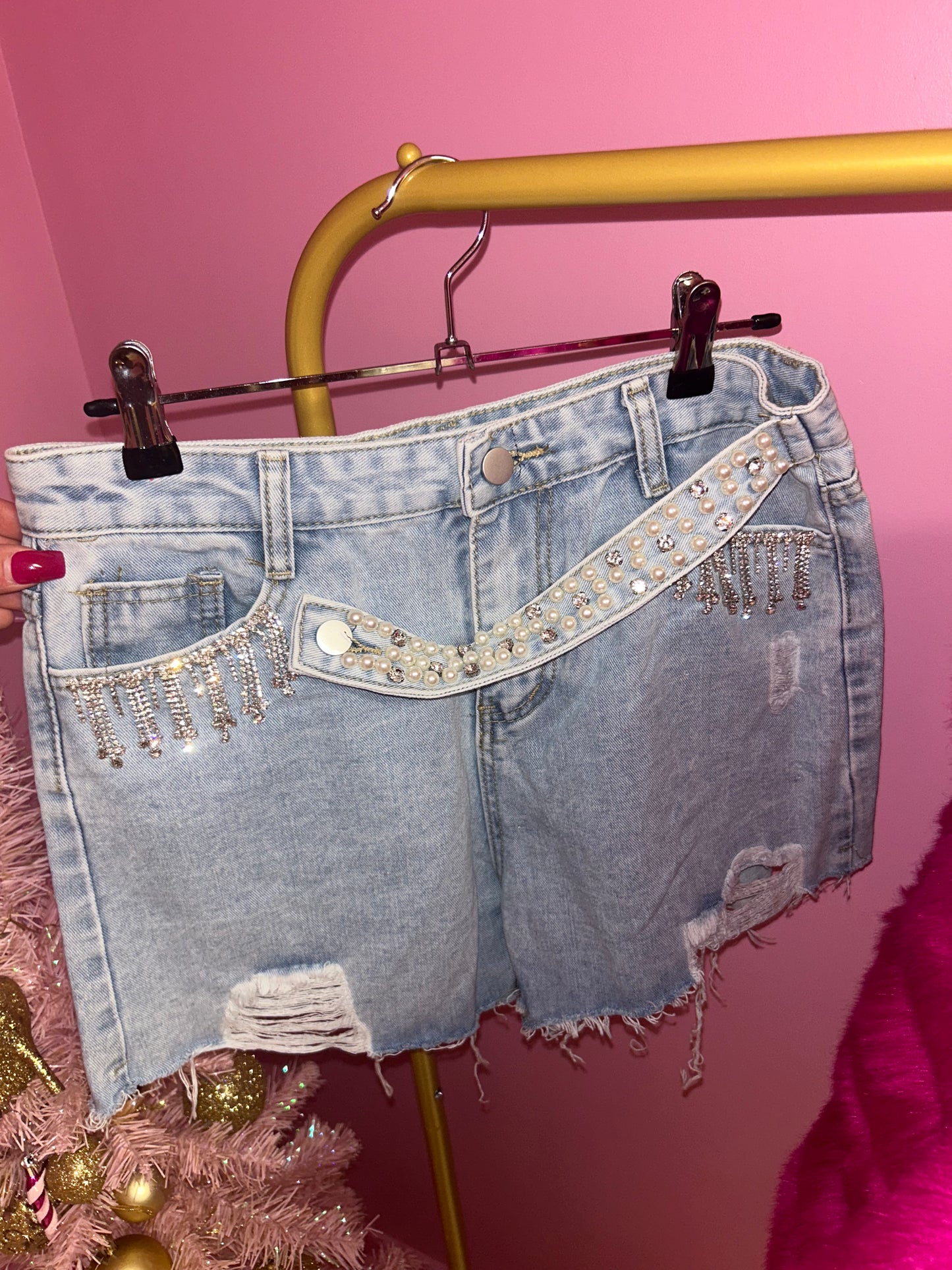 Denim pearl tassel shorts