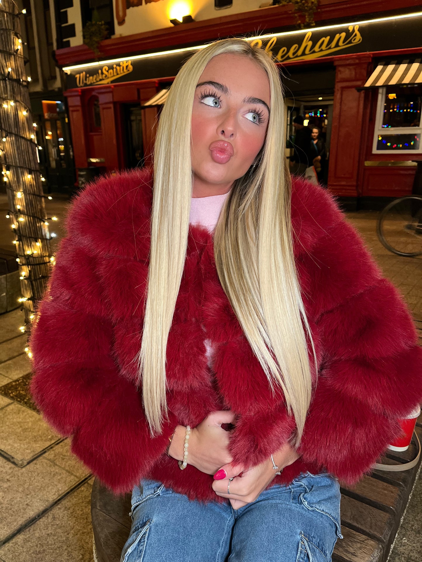 Luxury wine faux fur 3/4 sleeve coat