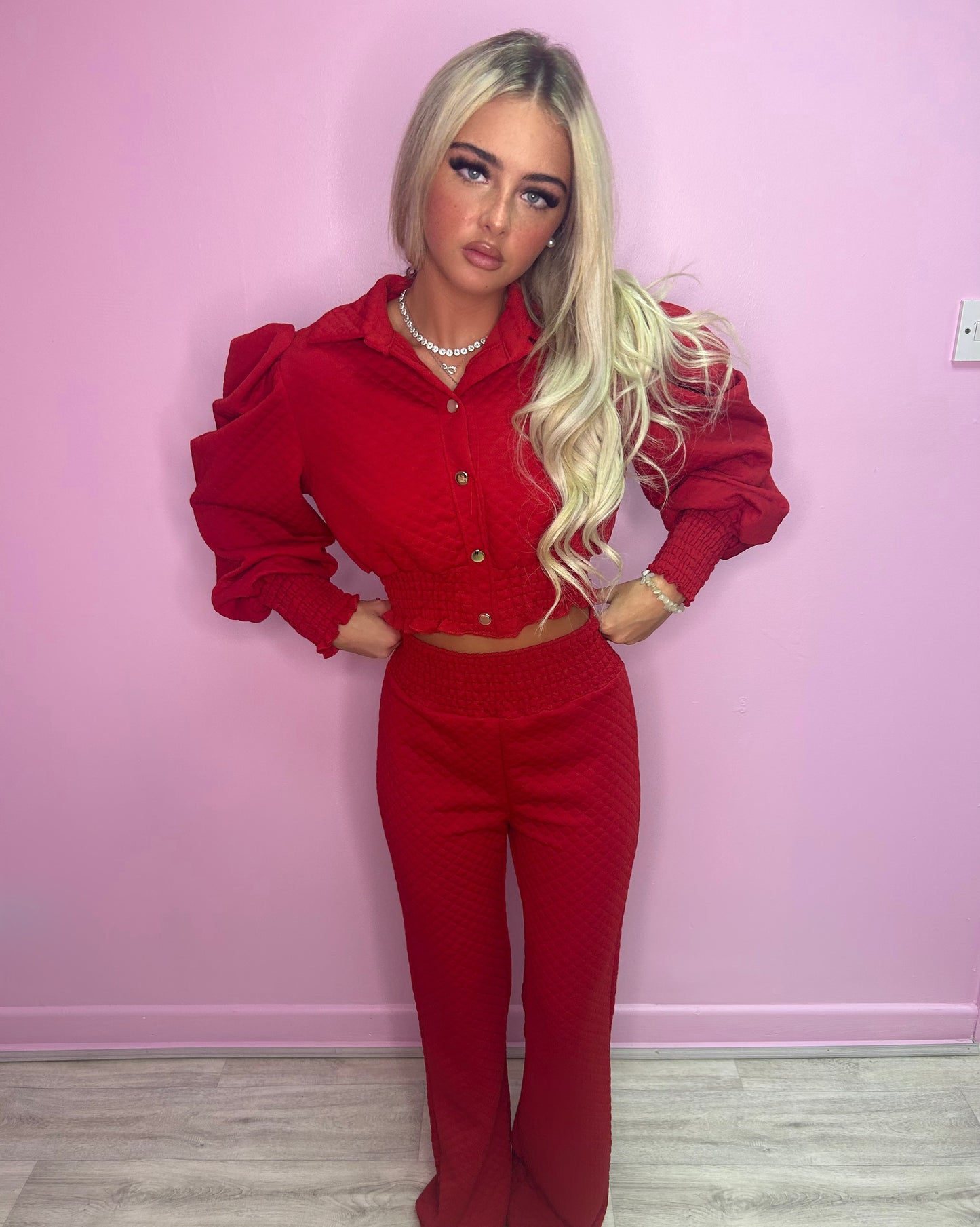Red puff sleeve top and trousers set