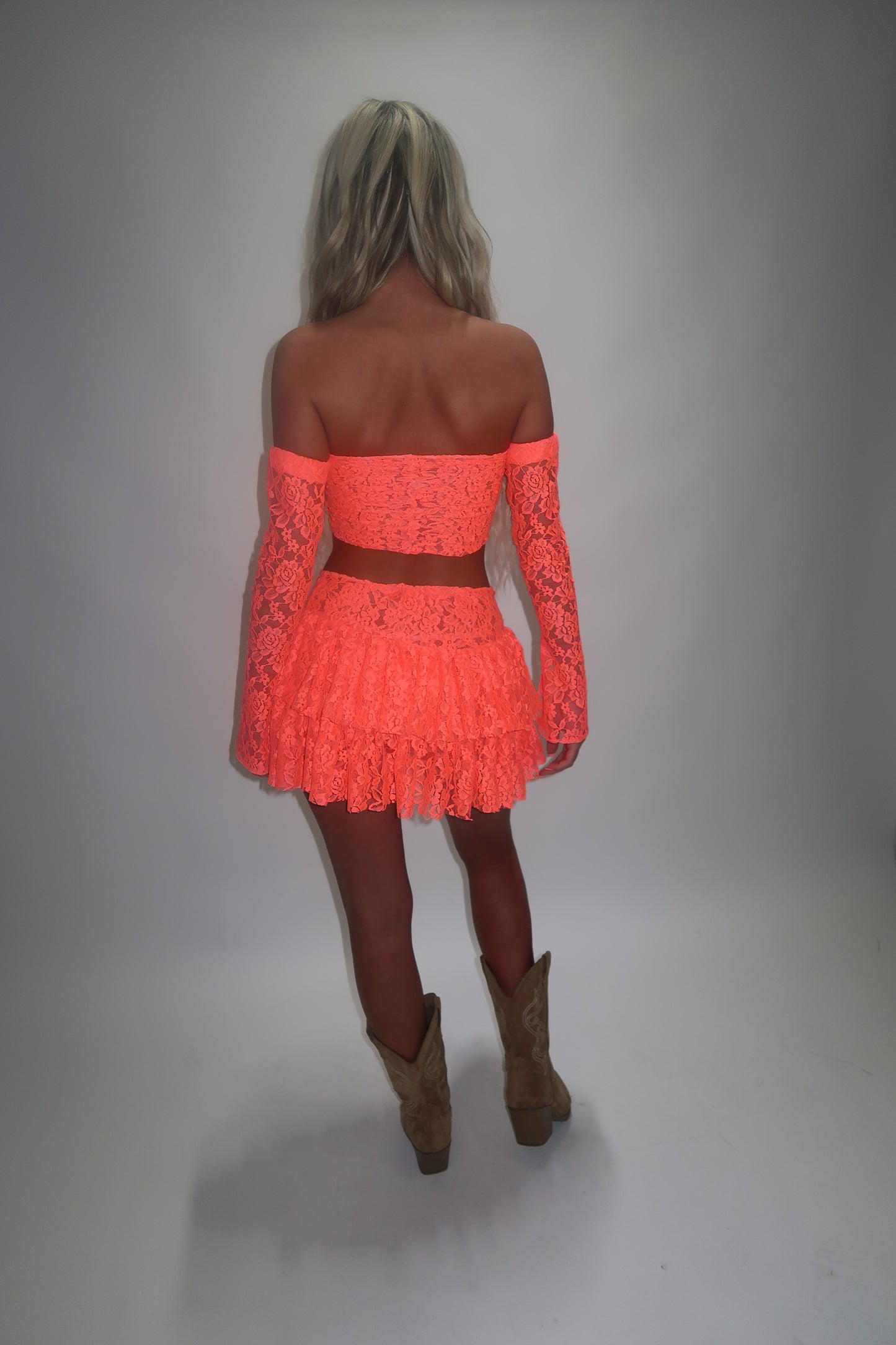 LIMITED EDITION HAND MADE AND DESIGNED IN HOUSE: Coral frilly Rara skirt top and sleeves three piece