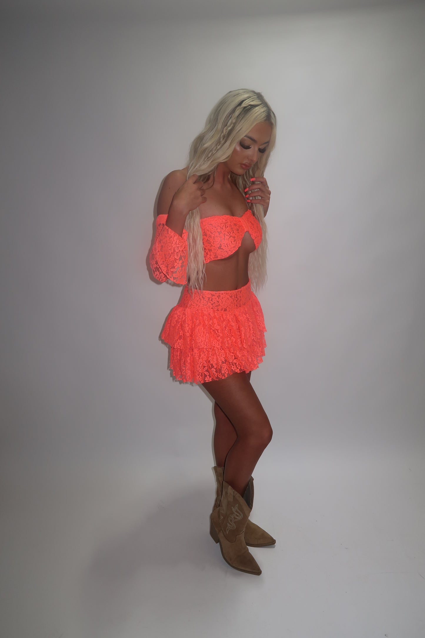 LIMITED EDITION HAND MADE AND DESIGNED IN HOUSE: Coral frilly Rara skirt top and sleeves three piece