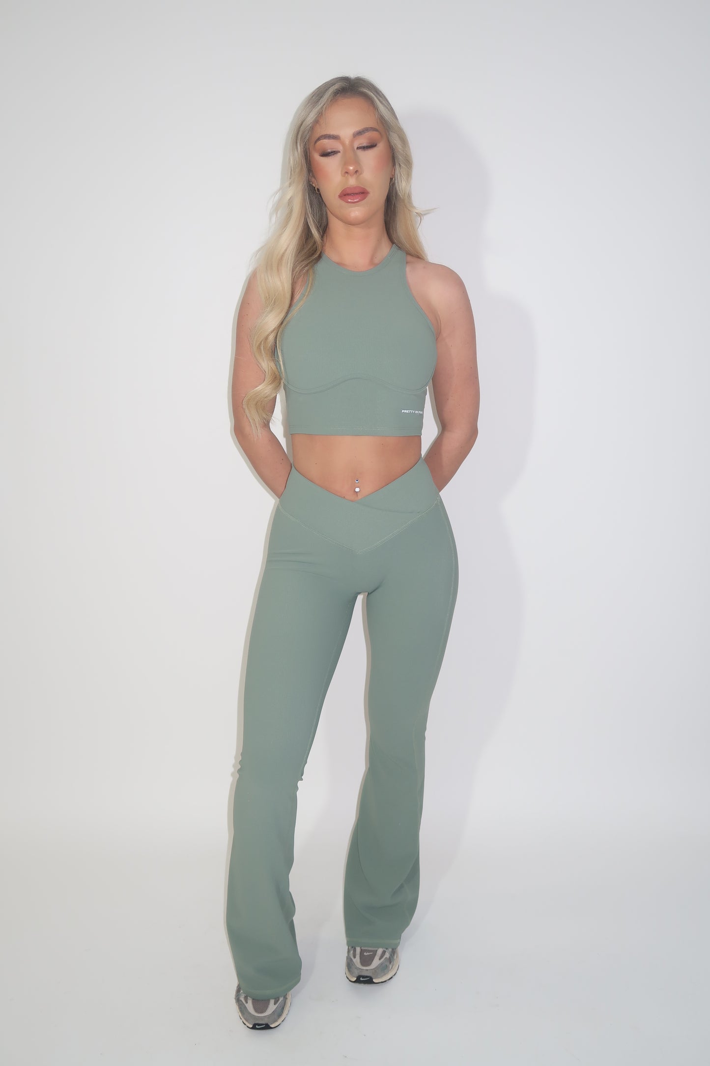 GYM GIRL ERA EXCLUSIVE Sage green sculpt V waist flared bottoms