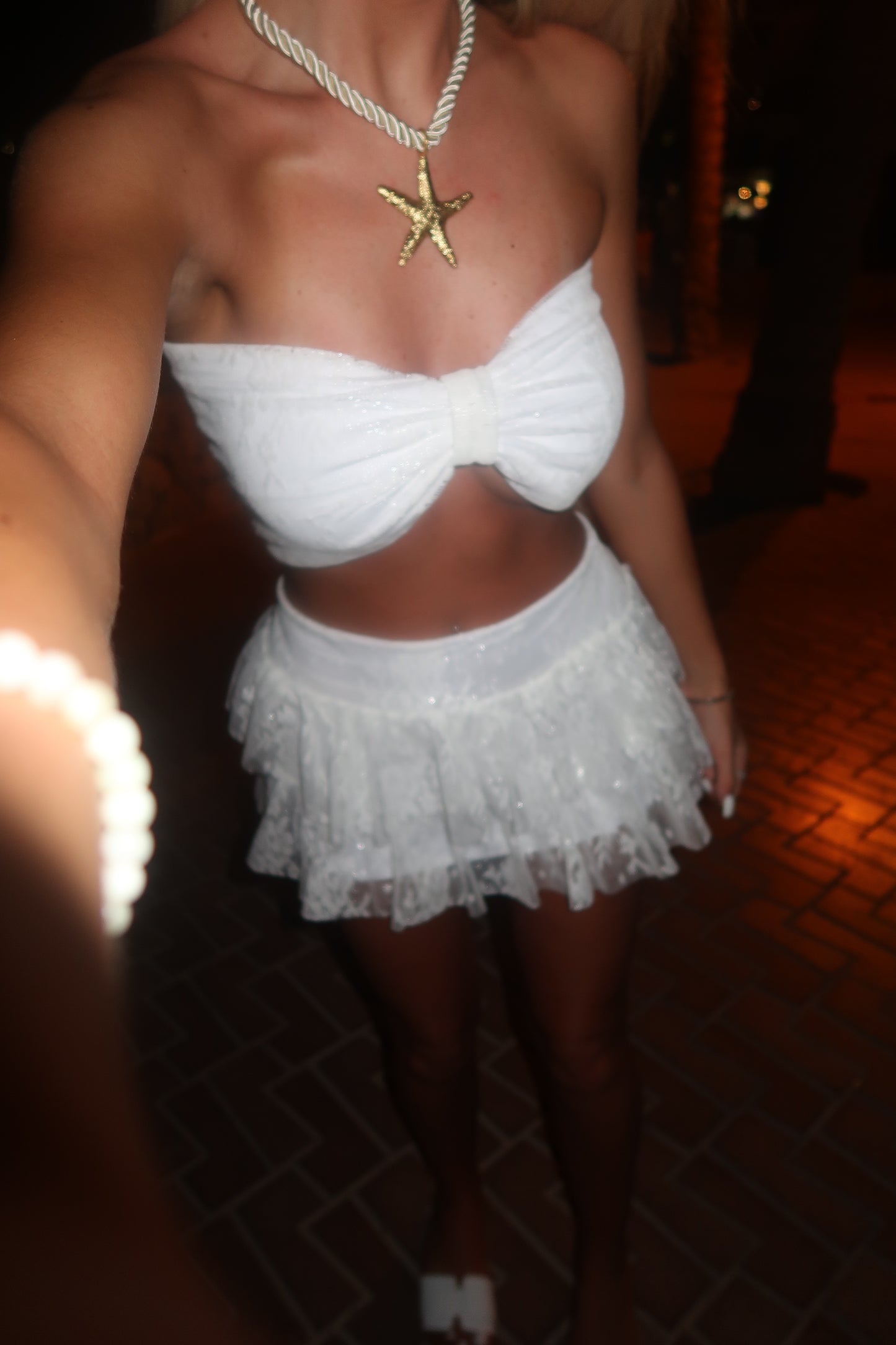 LIMITED EDITION HAND MADE AND DESIGNED IN HOUSE: White shimmer frilly Rara skirt co-ord