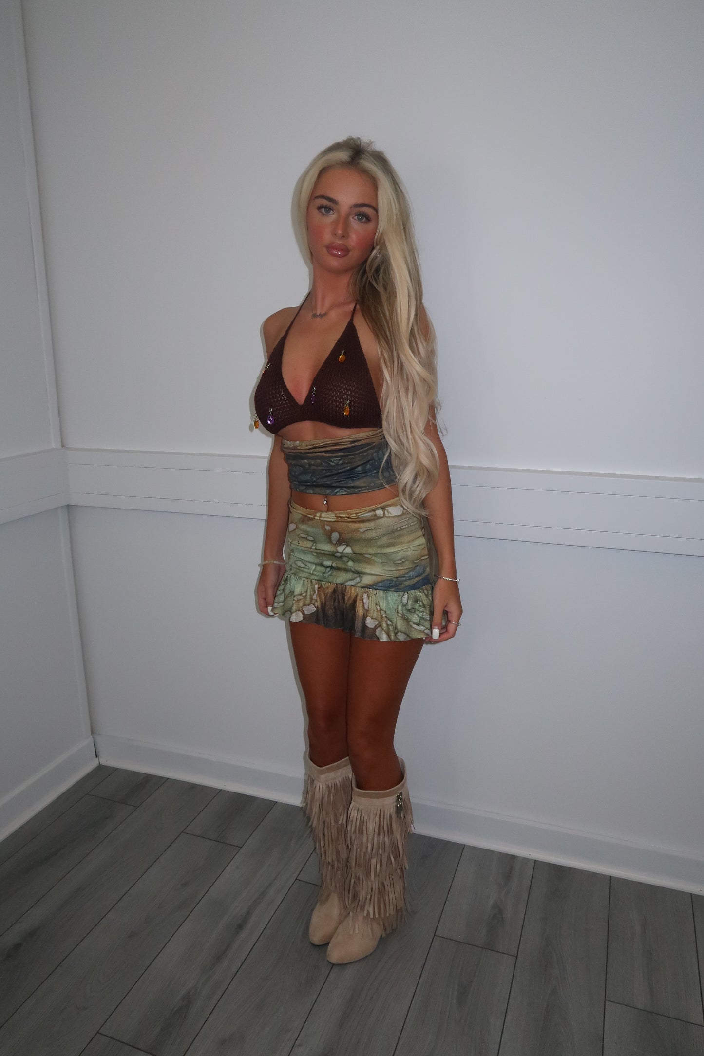 Beaded crochet top and slinky skirt set