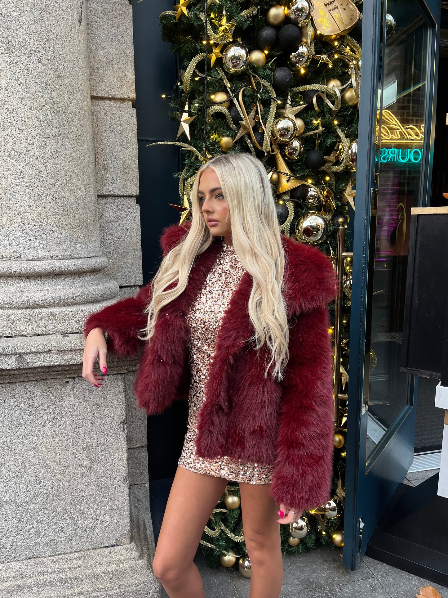 Luxury Wine faux fur lapel jacket