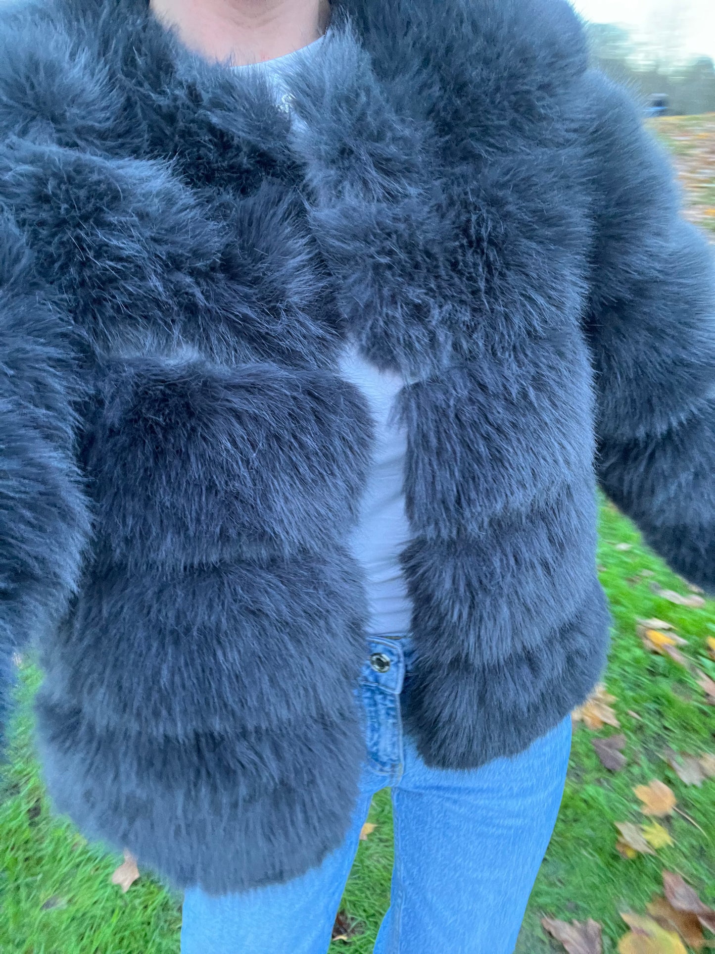 Luxury Dark charcoal grey NEW luxury faux fur coat 3/4 sleeve