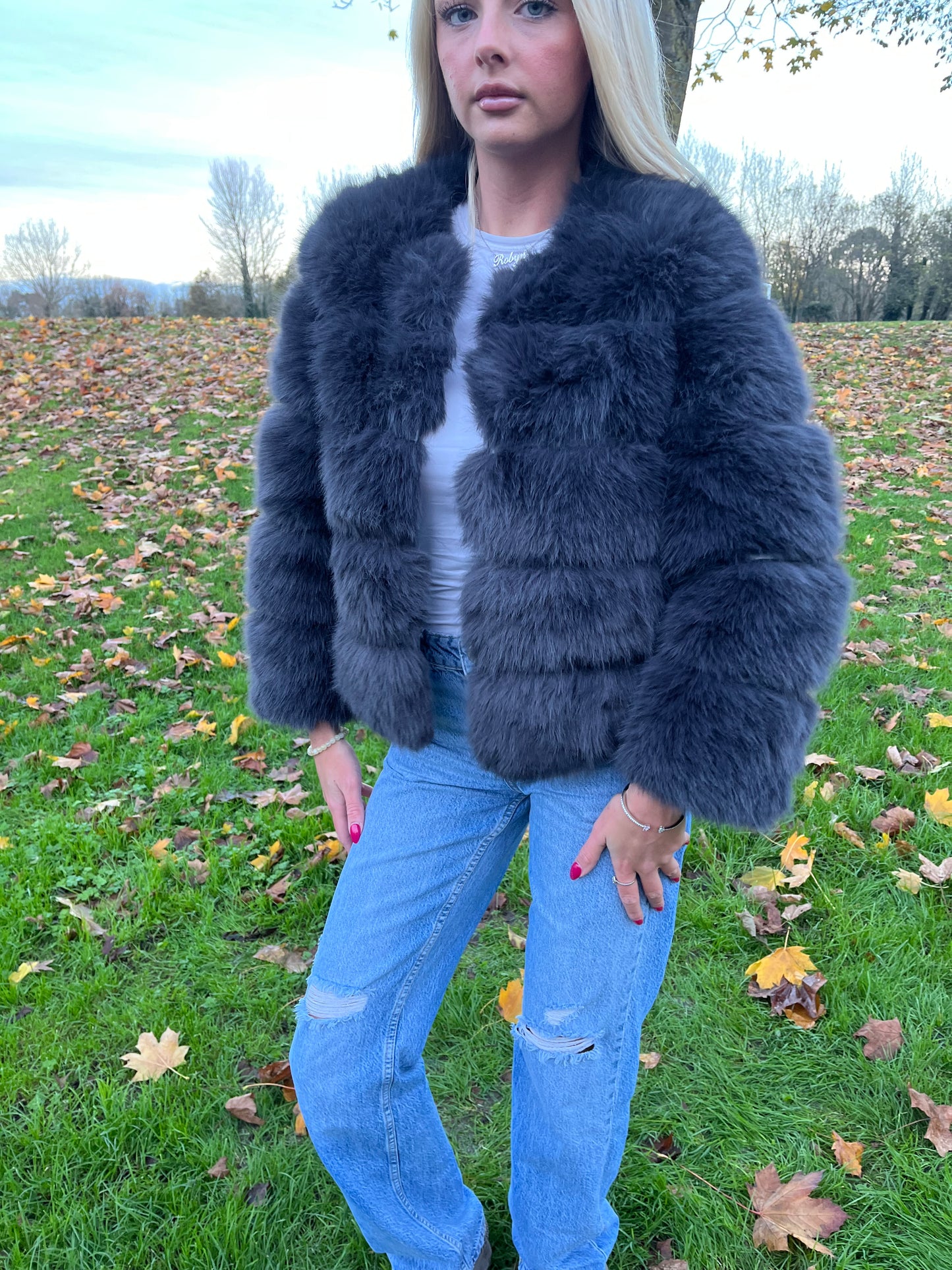 Luxury Dark charcoal grey NEW luxury faux fur coat 3/4 sleeve