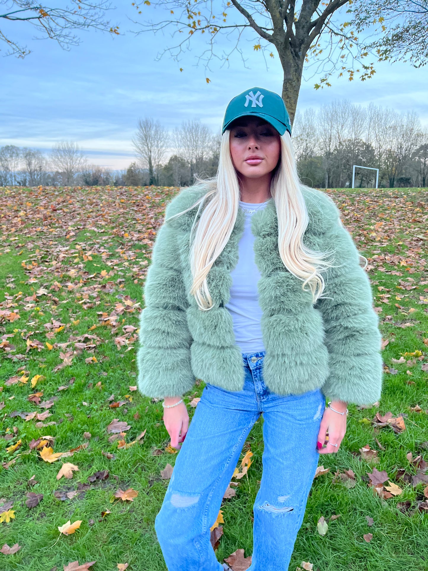Luxury sage green 3/4 sleeve faux fur coat