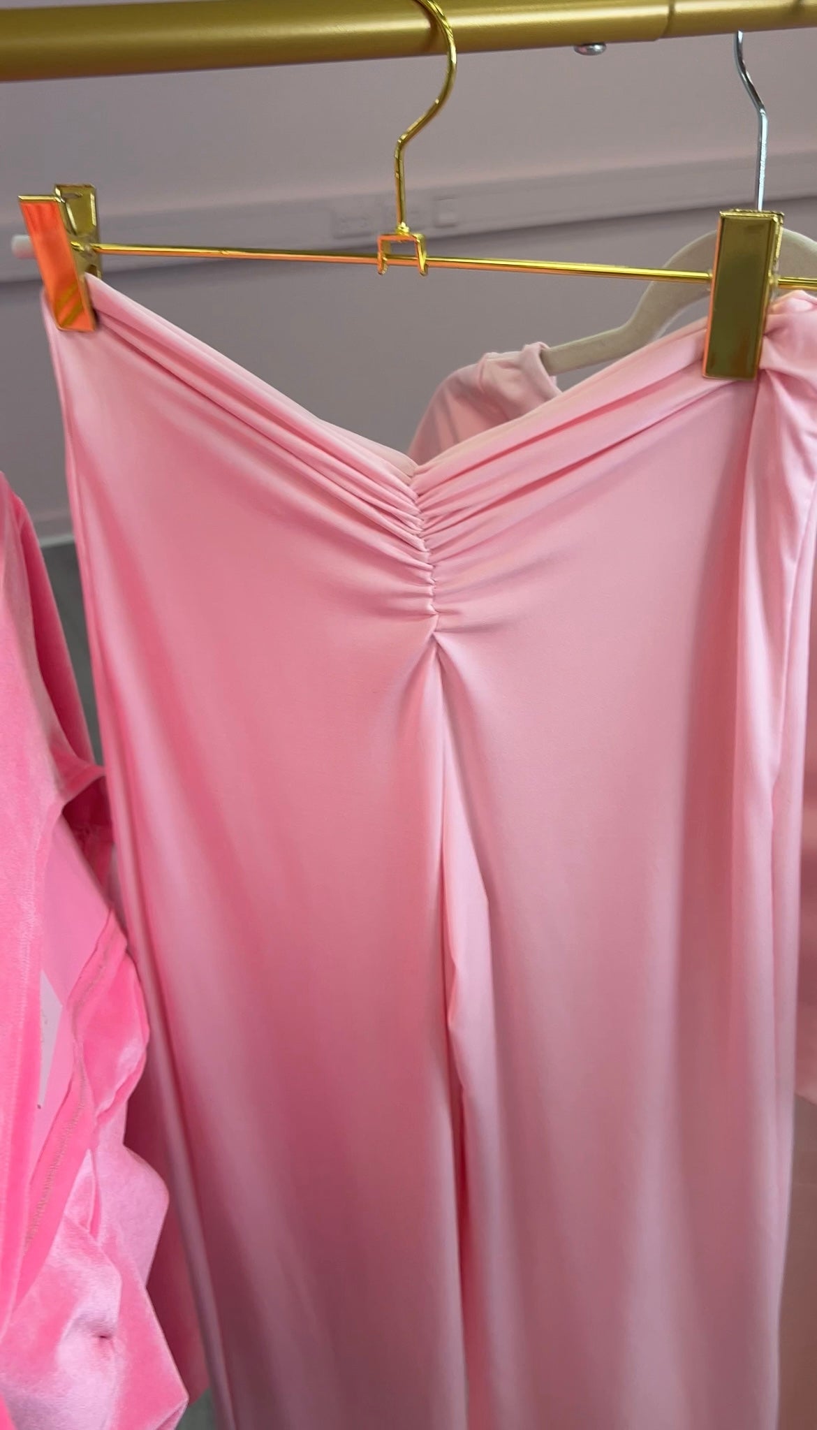 LIMITED EDITION HAND MADE AND DESIGNED IN HOUSE: ‘Charleen’ pink crop top and ruched flared bottoms