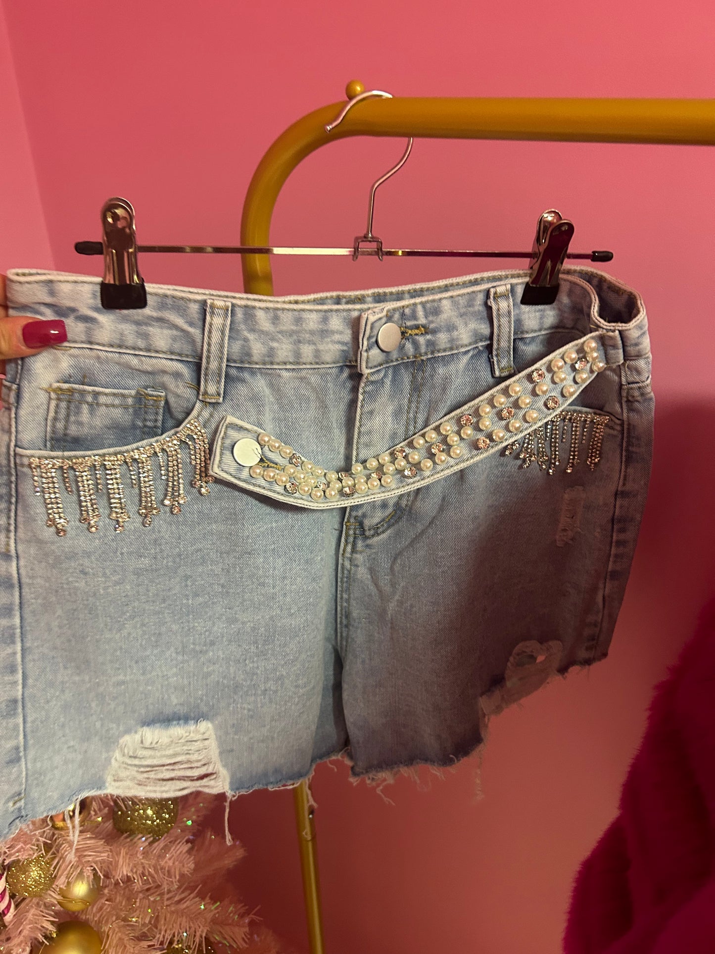 Denim pearl tassel shorts
