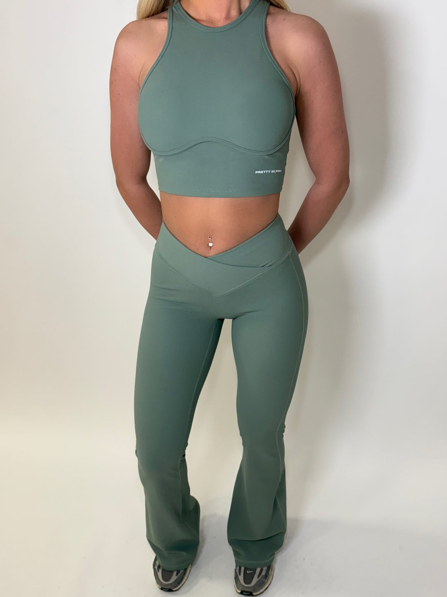 GYM GIRL ERA EXCLUSIVE Sage green sculpt V waist flared bottoms