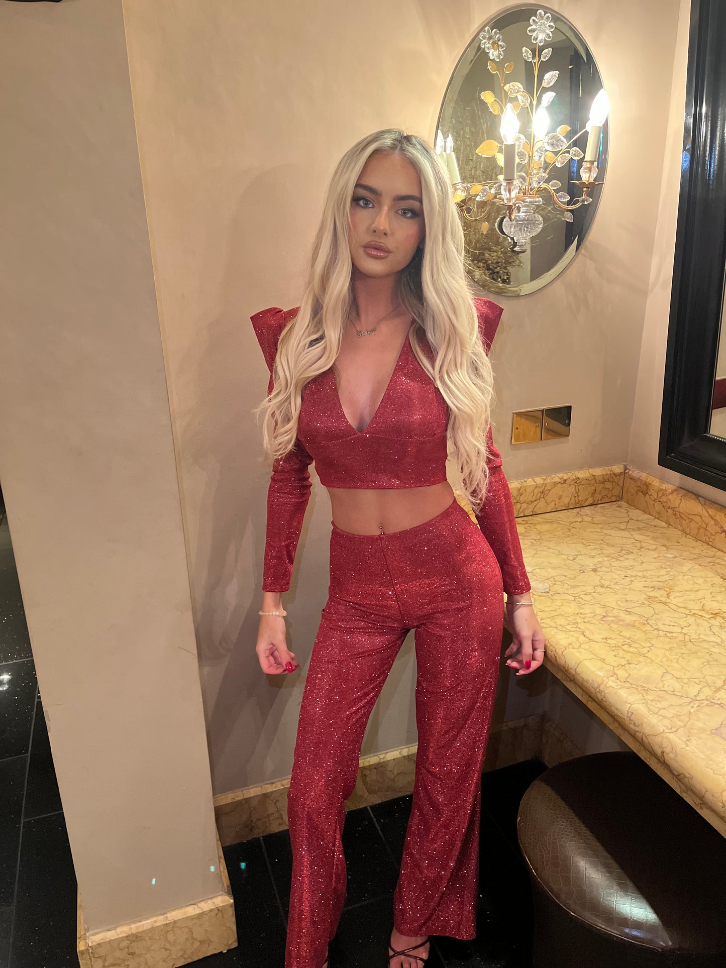 LIMITED EDITION HANDMADE & DESIGNED IN HOUSE: Burgundy sparkle flared trousers and top set