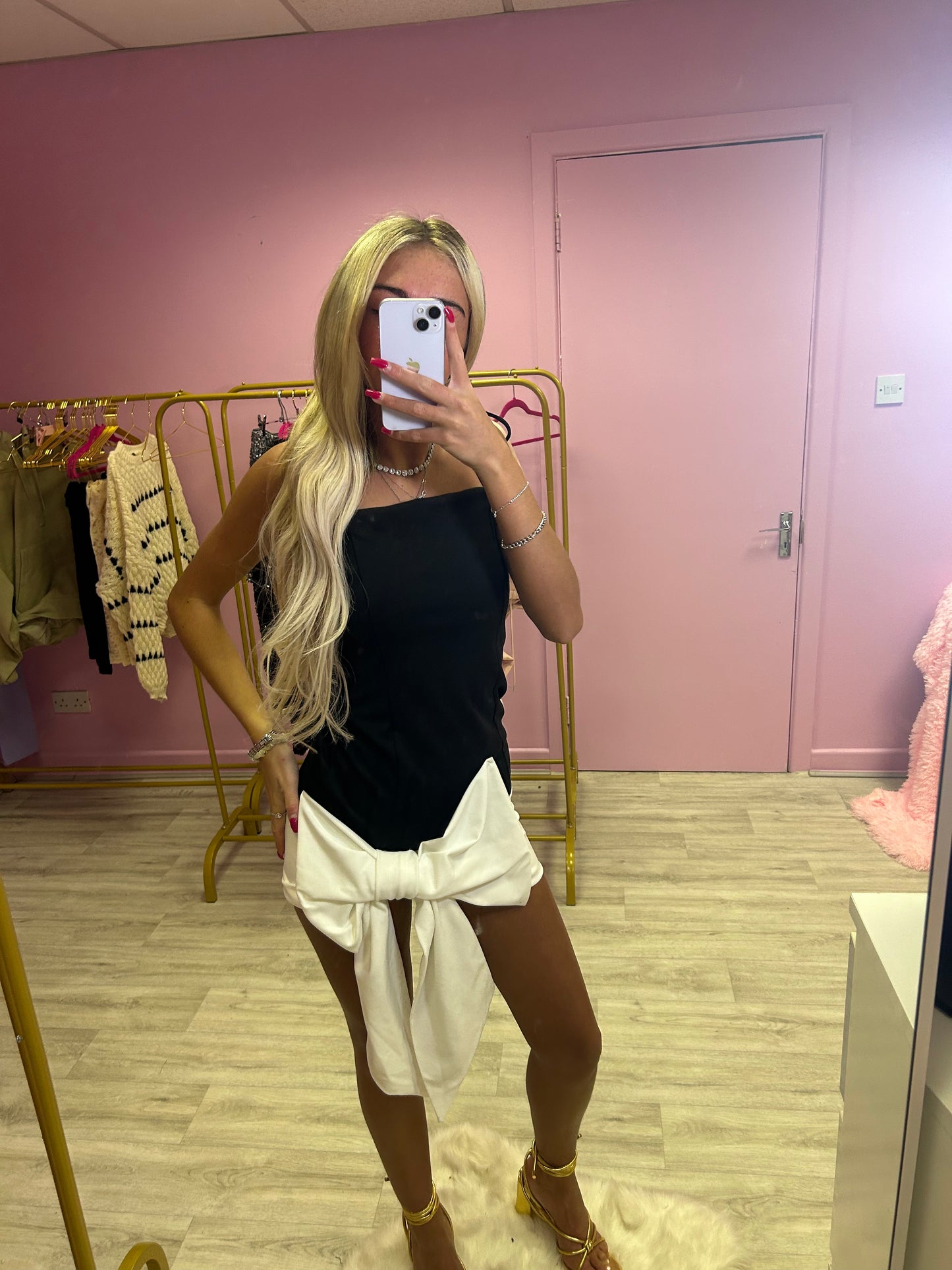 Black and white bow front mini dress