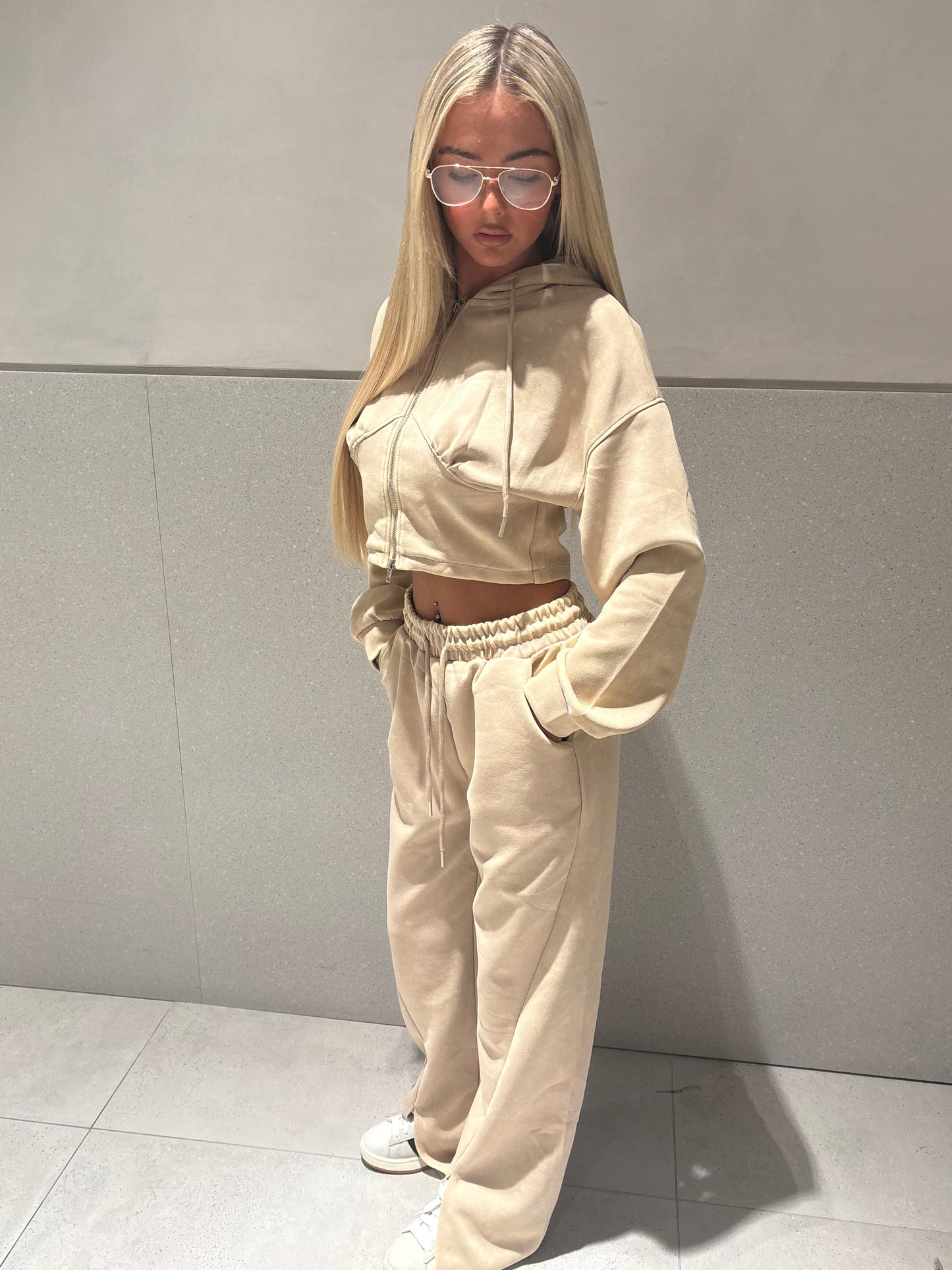 Beige Acid wash wide leg tracksuit