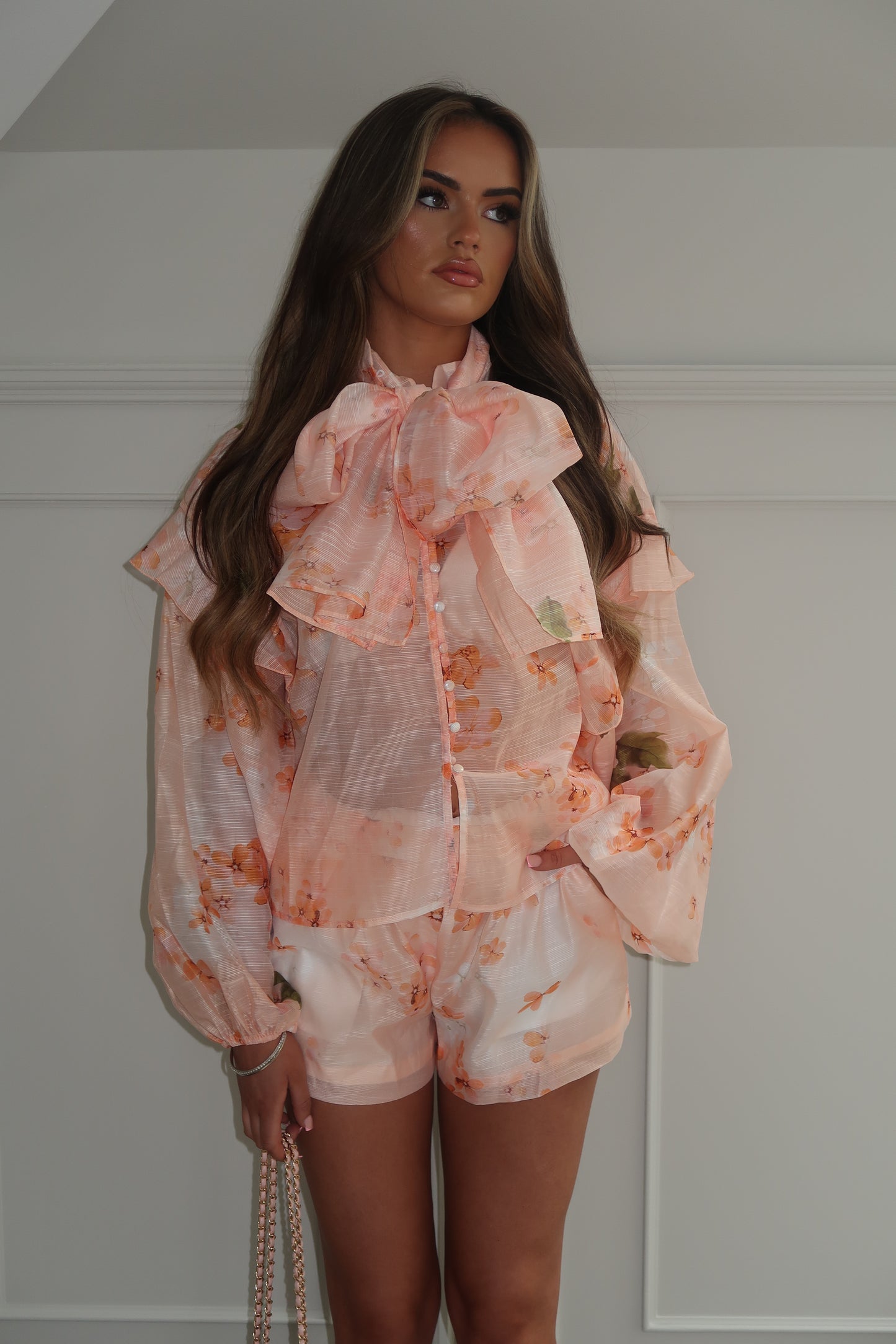 Floral Print Blouse And Shorts Set With Neckerchief