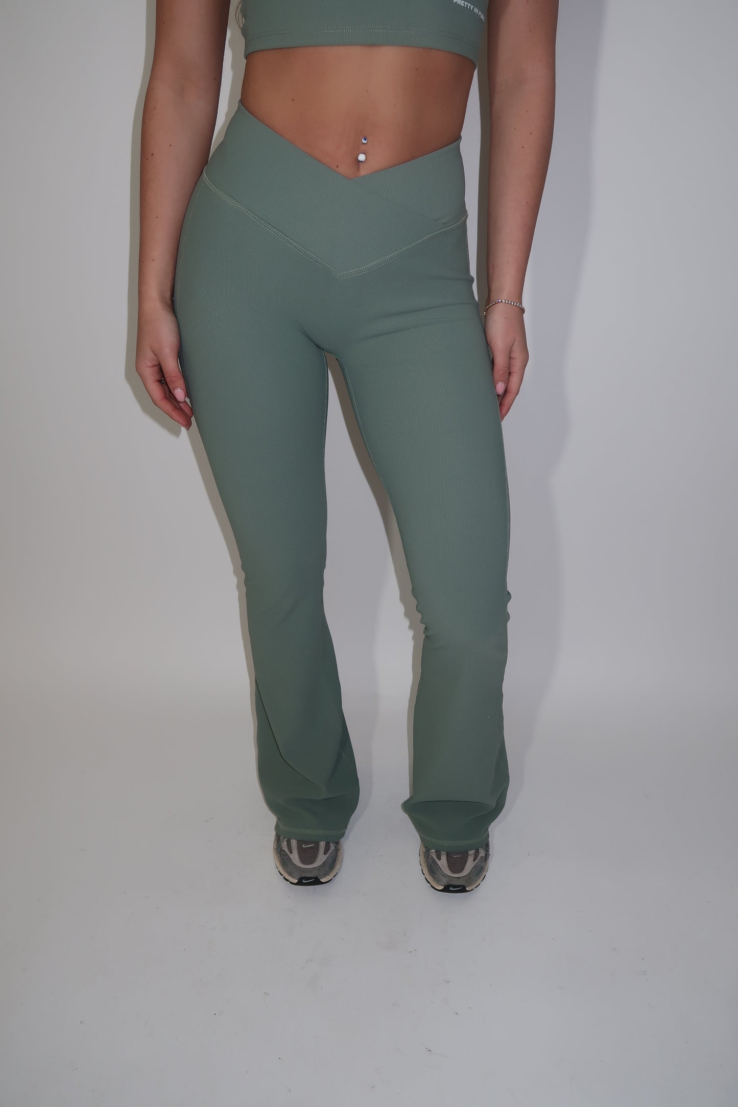 GYM GIRL ERA EXCLUSIVE Sage green sculpt V waist flared bottoms