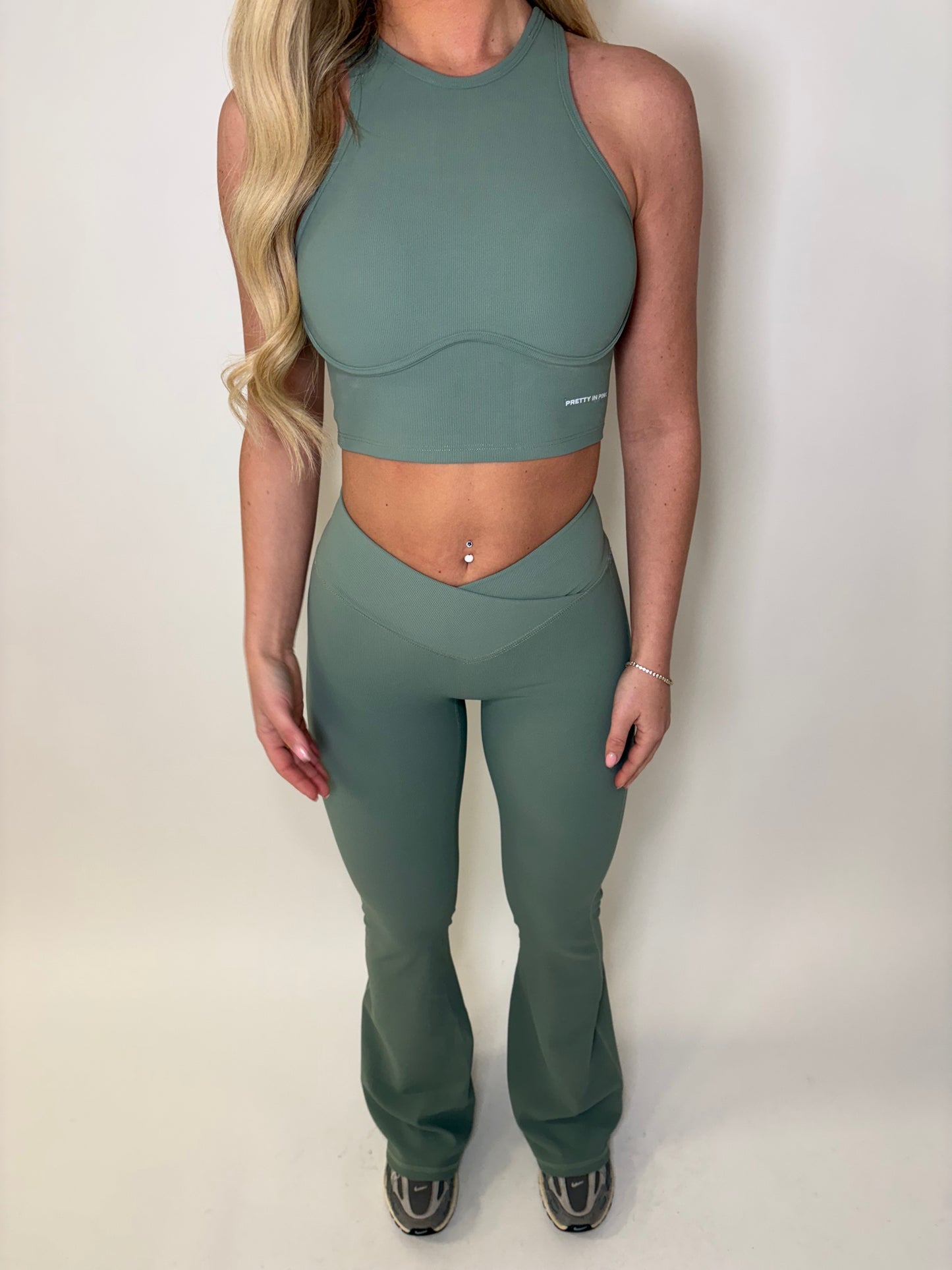 GYM GIRL ERA EXCLUSIVE Sage green sculpt V waist flared bottoms