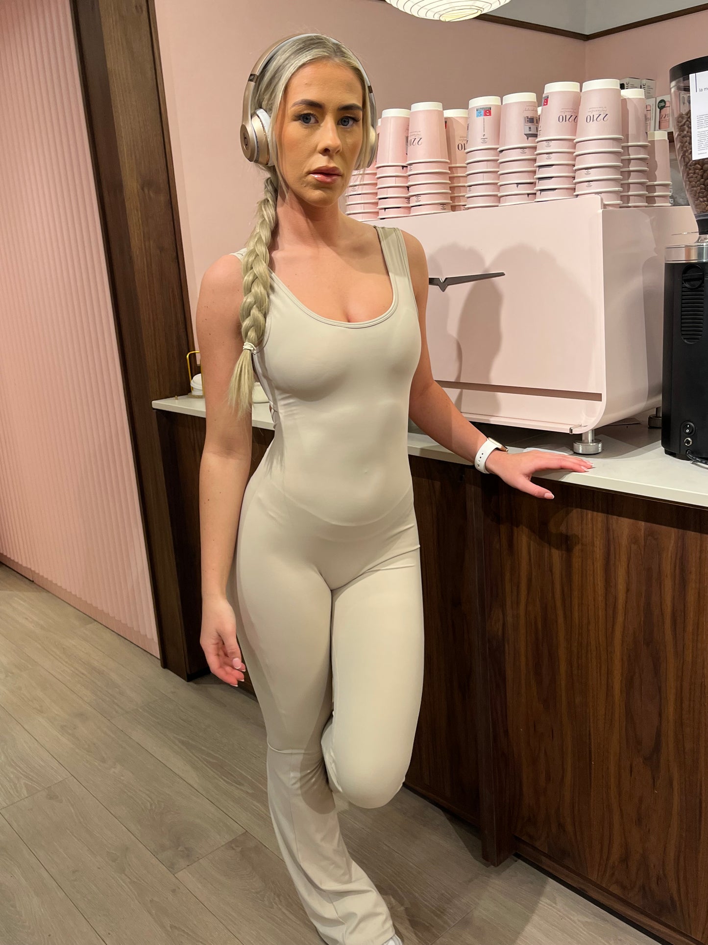 Beige cut out back ruched push-up jumpsuit