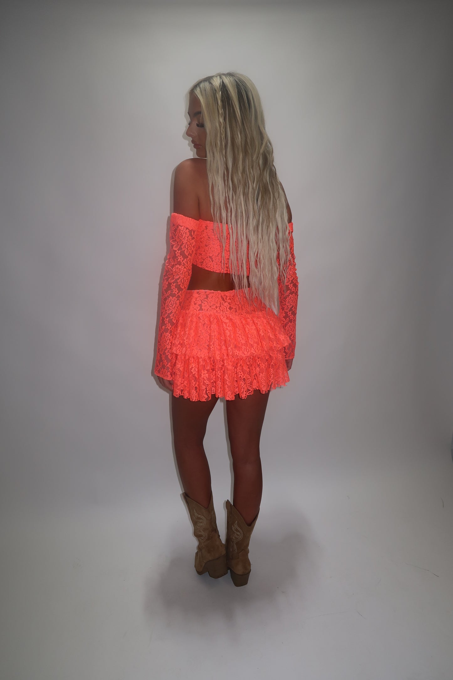 LIMITED EDITION HAND MADE AND DESIGNED IN HOUSE: Coral frilly Rara skirt top and sleeves three piece