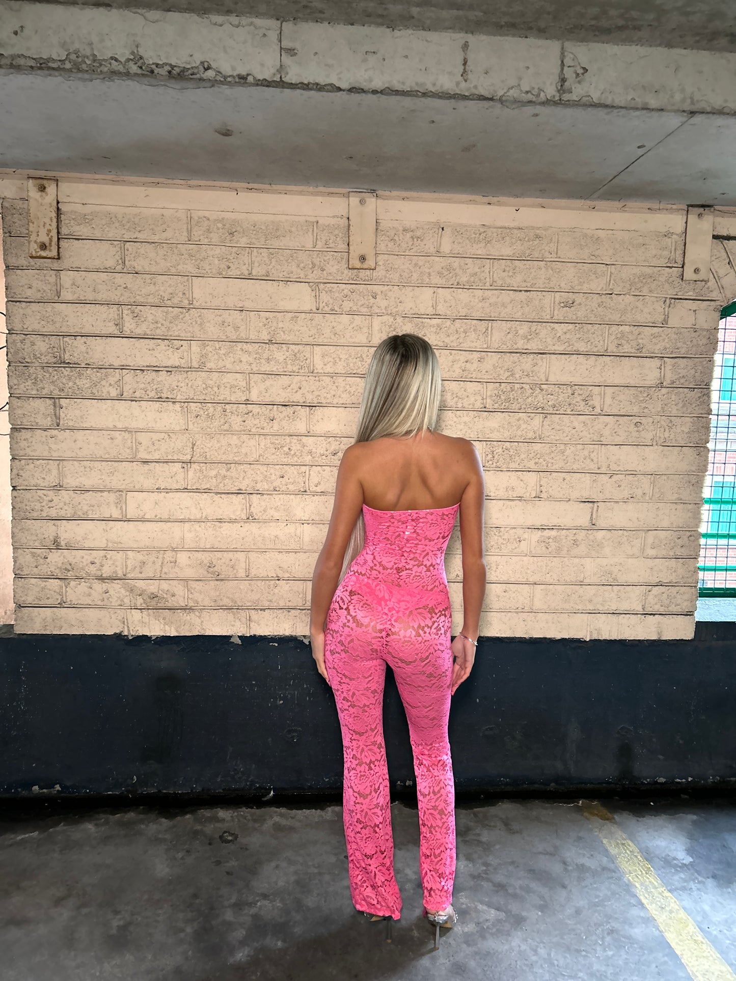 Pink lace tie front jumpsuit