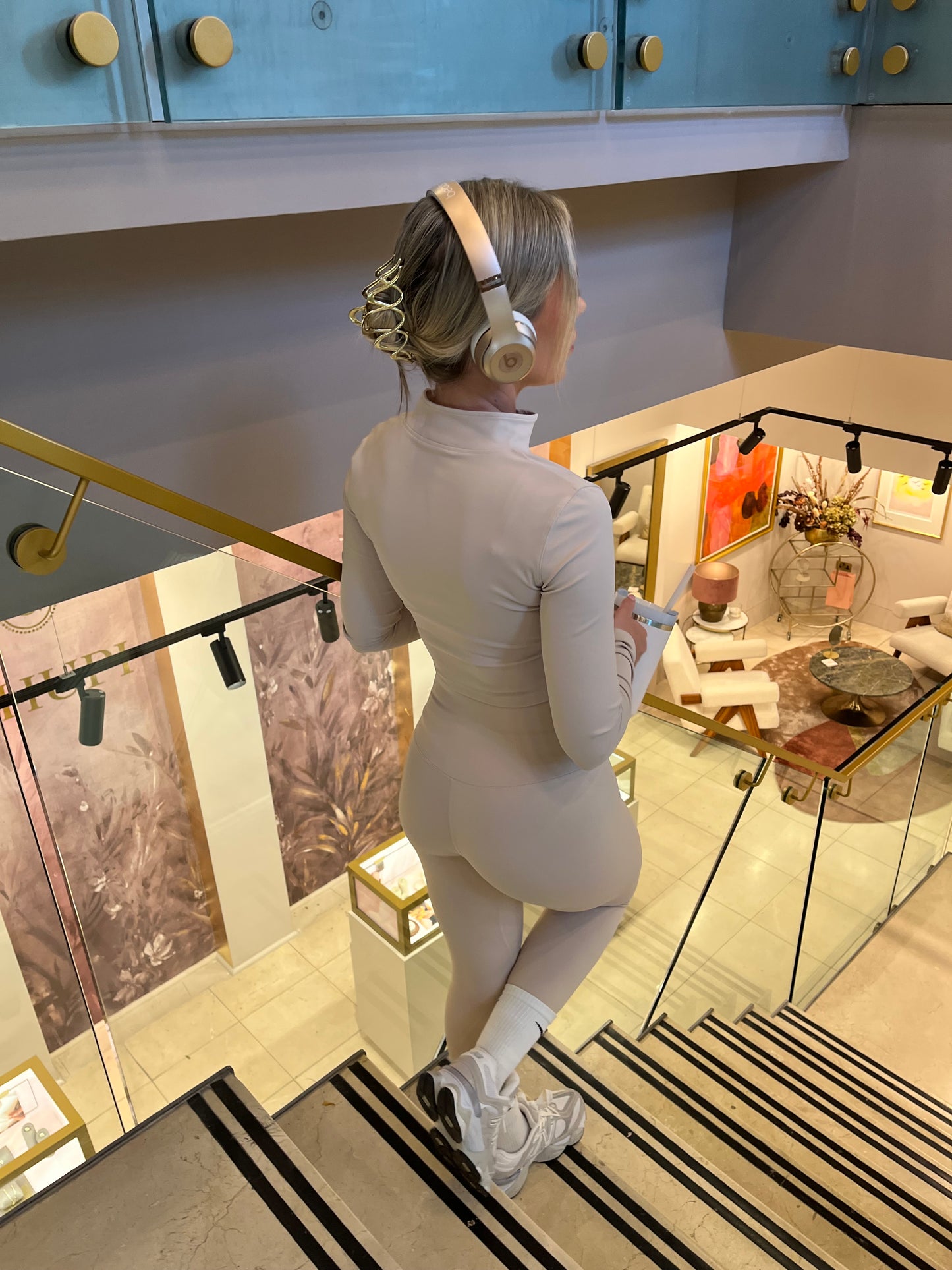 Beige Active-wear 3 piece Jacket, sports bra and leggings