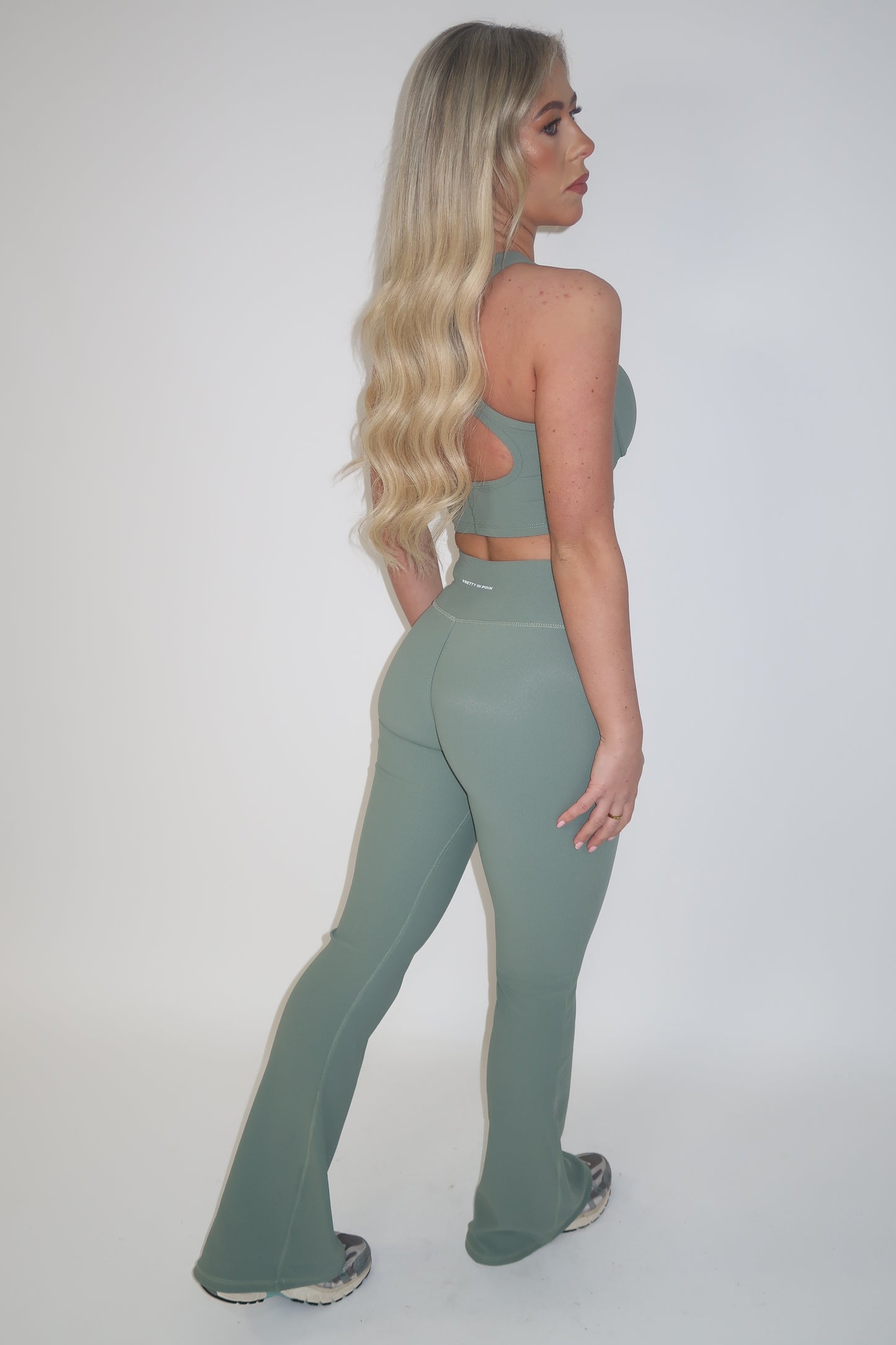 GYM GIRL ERA EXCLUSIVE Sage green sculpt V waist flared bottoms