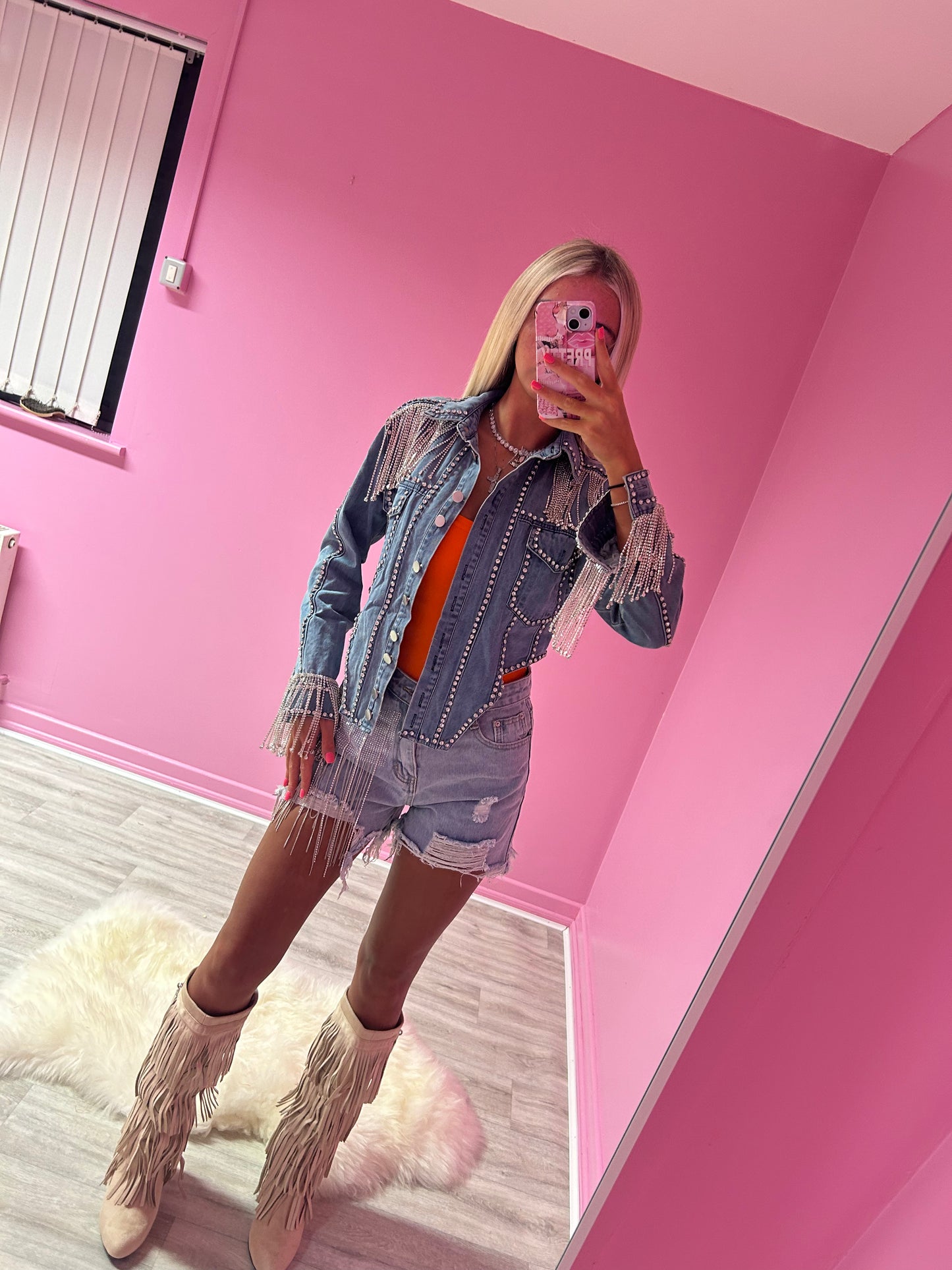 Diamanté tassle assymetric denim jacket