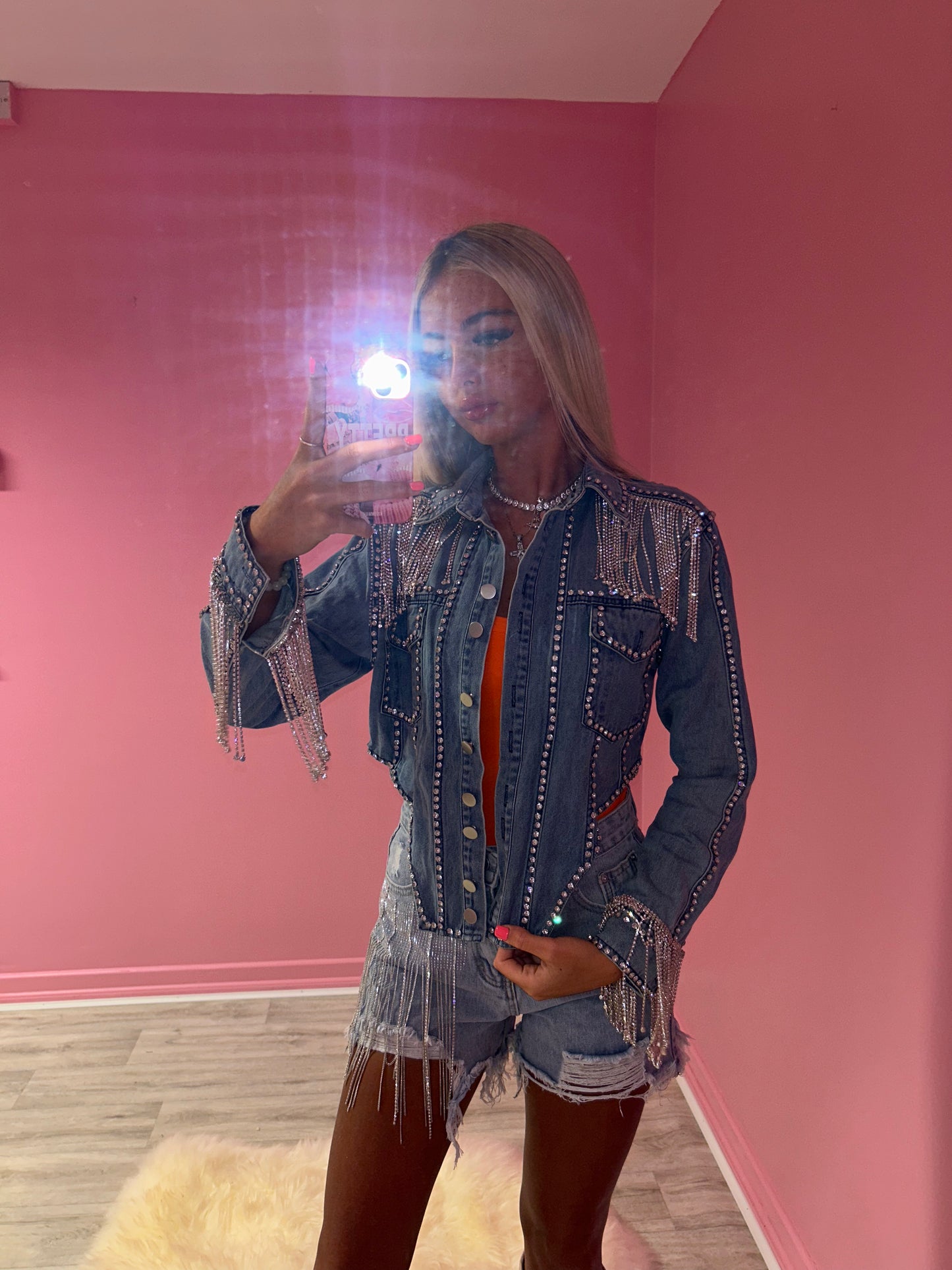 Diamanté tassle assymetric denim jacket
