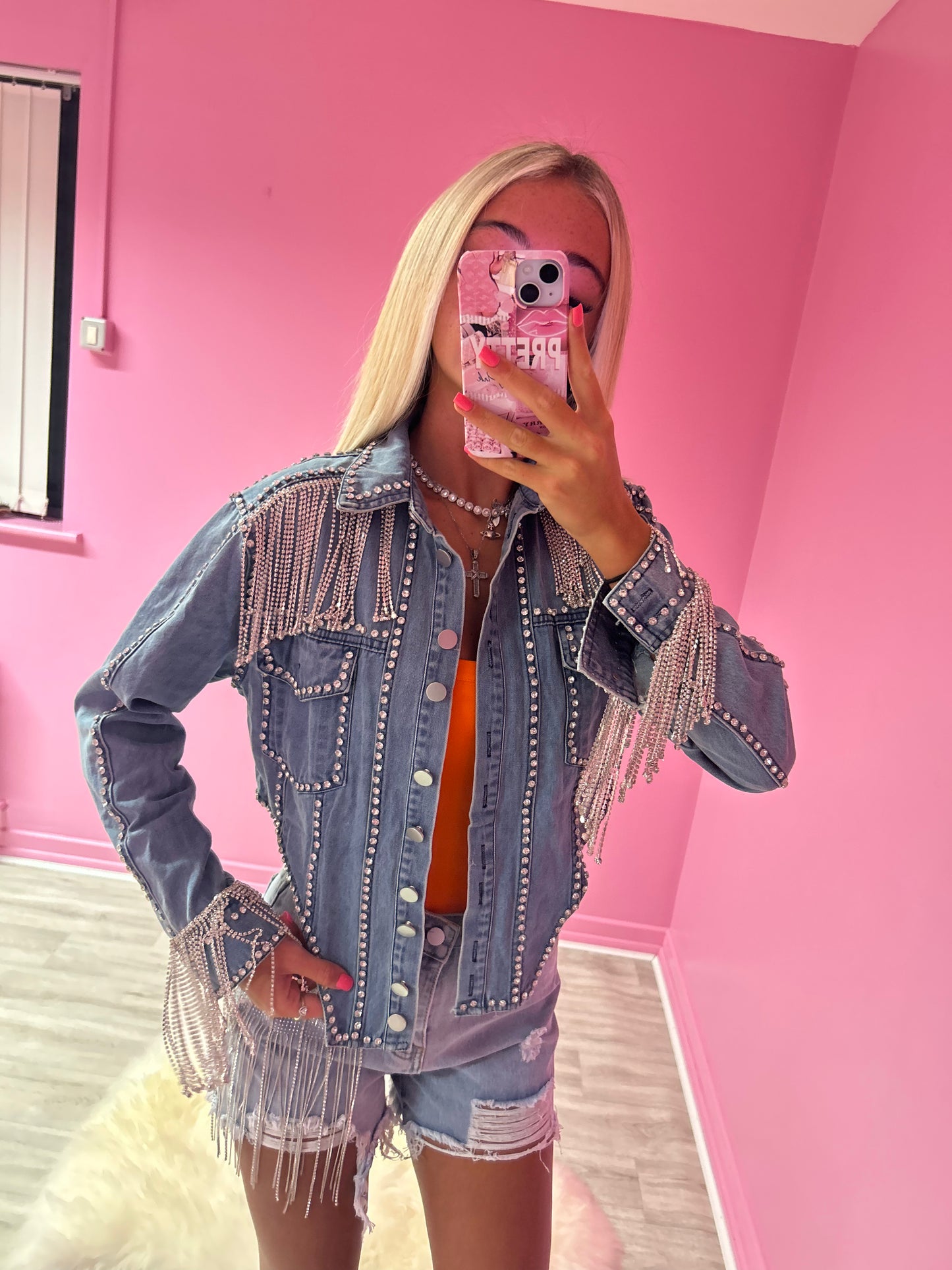 Diamanté tassle assymetric denim jacket