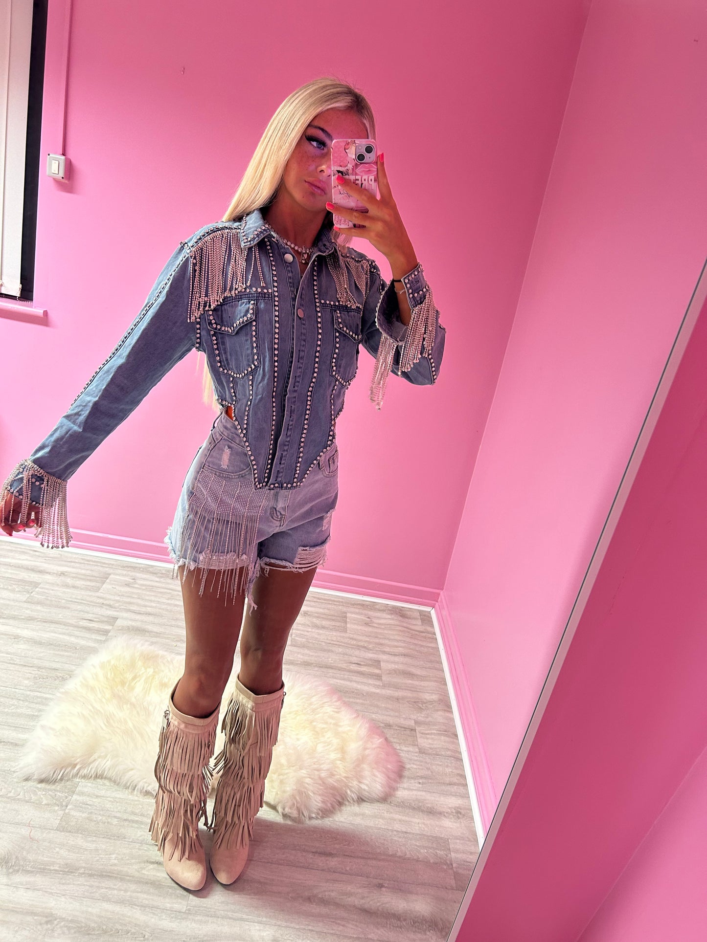 Diamanté tassle assymetric denim jacket