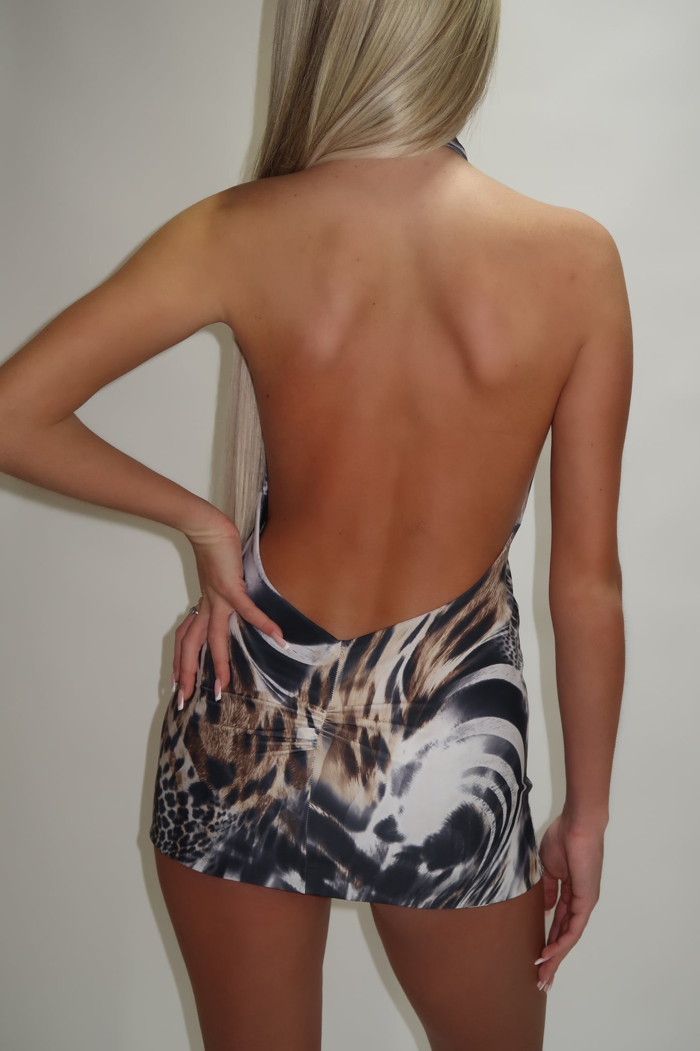 LIMITED EDITION HAND MADE AND DESIGNED IN HOUSE: Raeni Halter-neck mini dress
